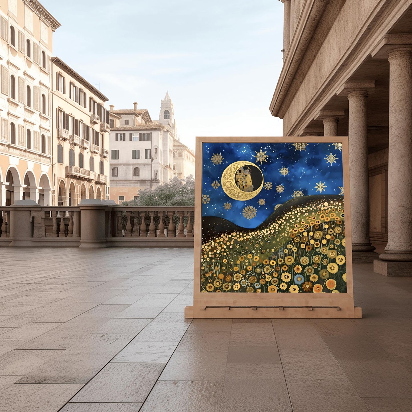 Gustav Klimt Inspired Art Print, Whimsical Landscape, Starry Night Sun, Art Nouveau