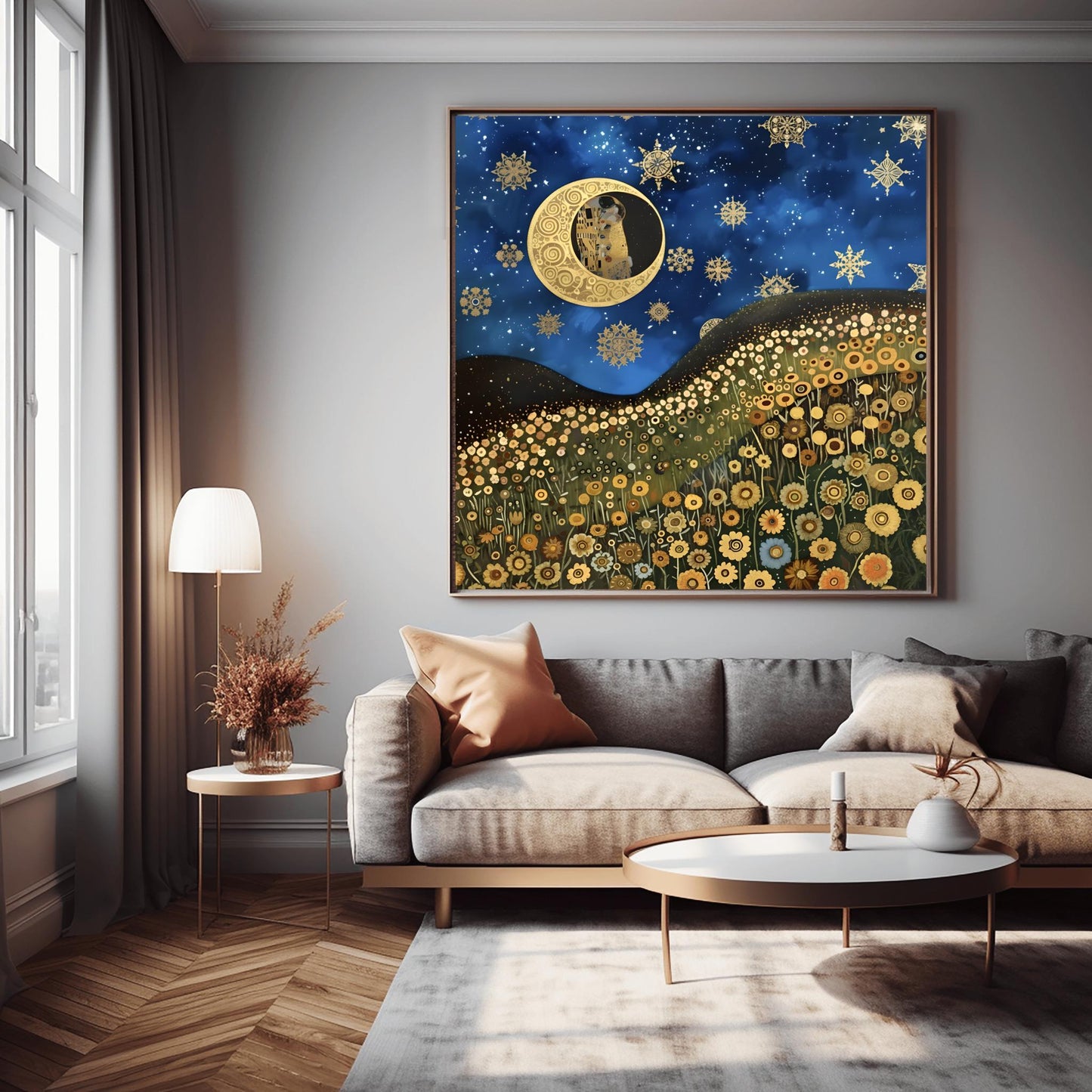 Gustav Klimt Inspired Art Print, Whimsical Landscape, Starry Night Sun, Art Nouveau