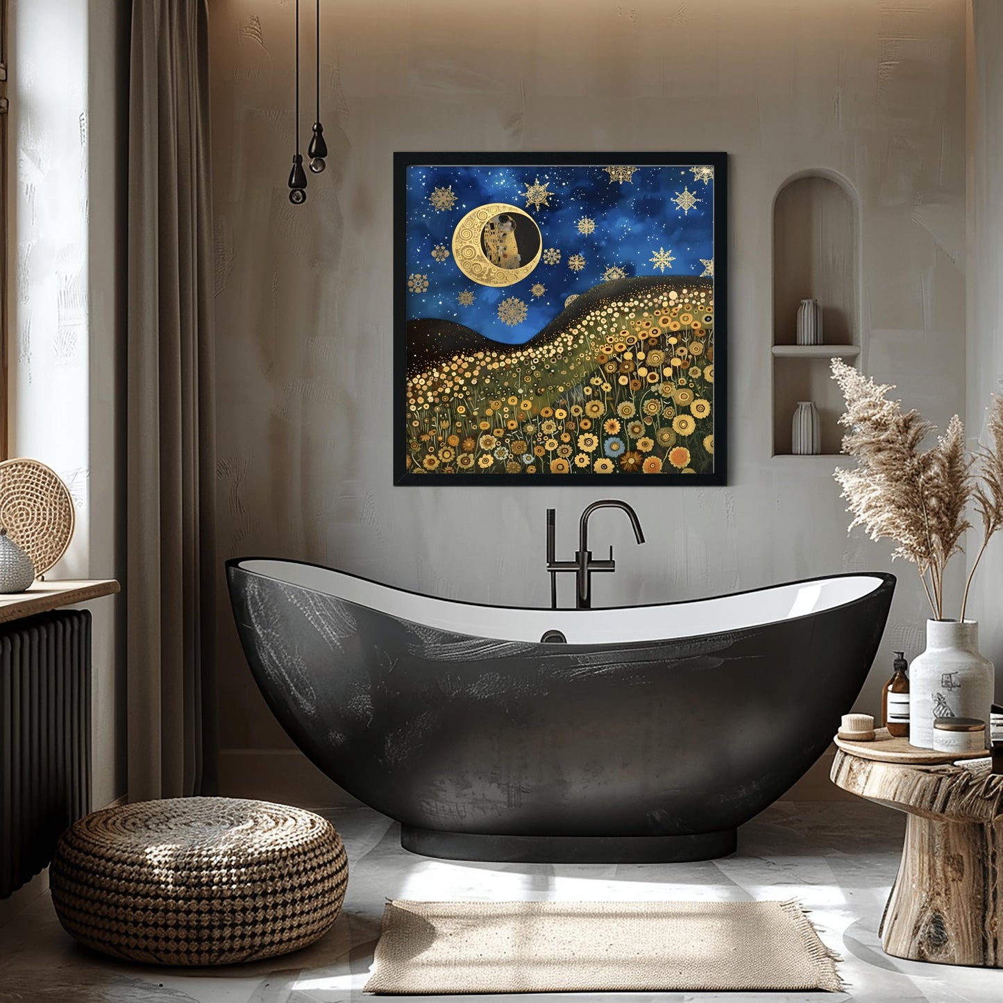 Gustav Klimt Inspired Art Print, Whimsical Landscape, Starry Night Sun, Art Nouveau