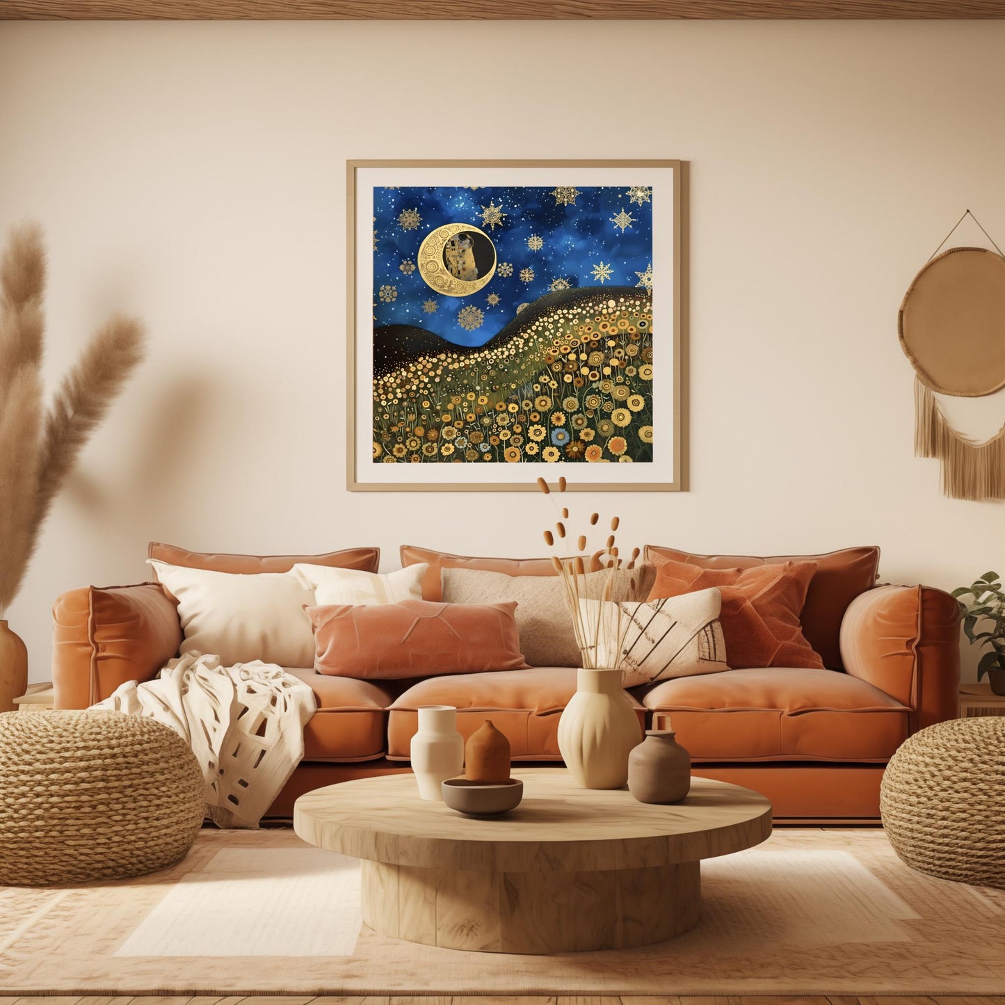 Gustav Klimt Inspired Art Print, Whimsical Landscape, Starry Night Sun, Art Nouveau