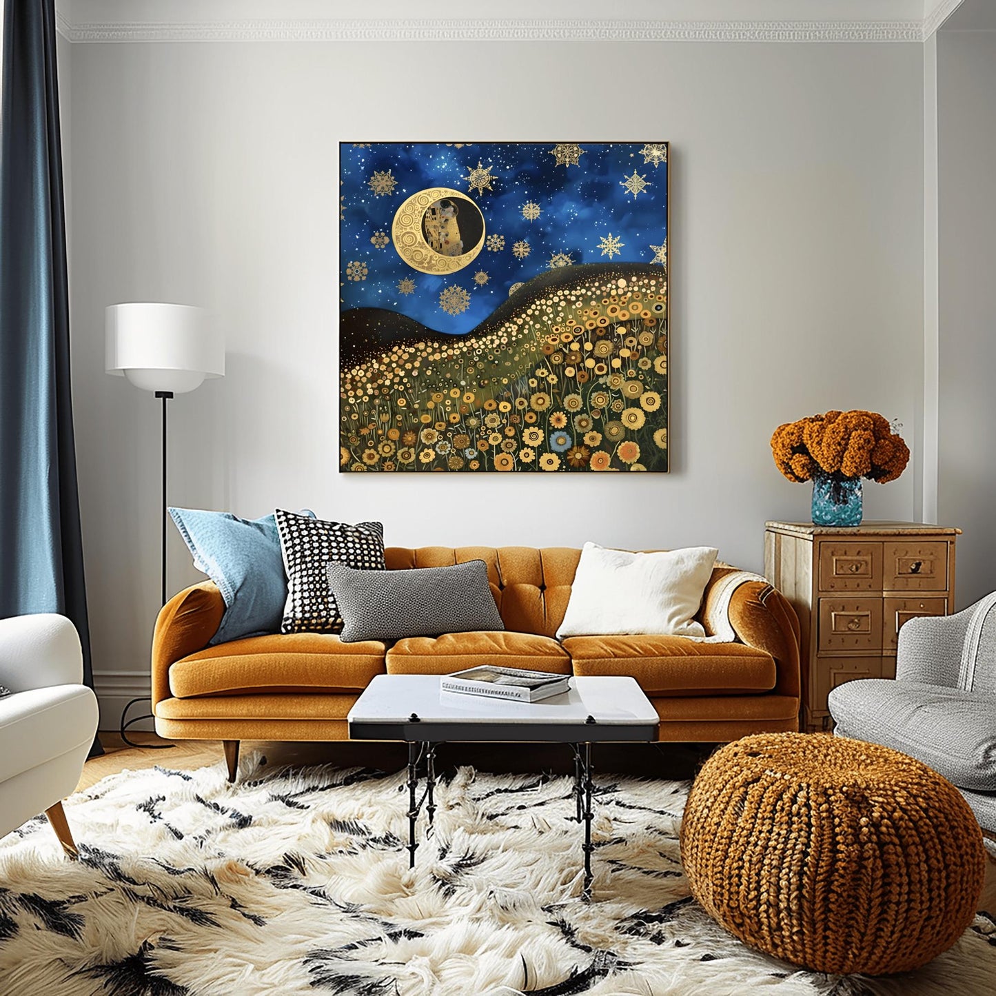 Gustav Klimt Inspired Art Print, Whimsical Landscape, Starry Night Sun, Art Nouveau