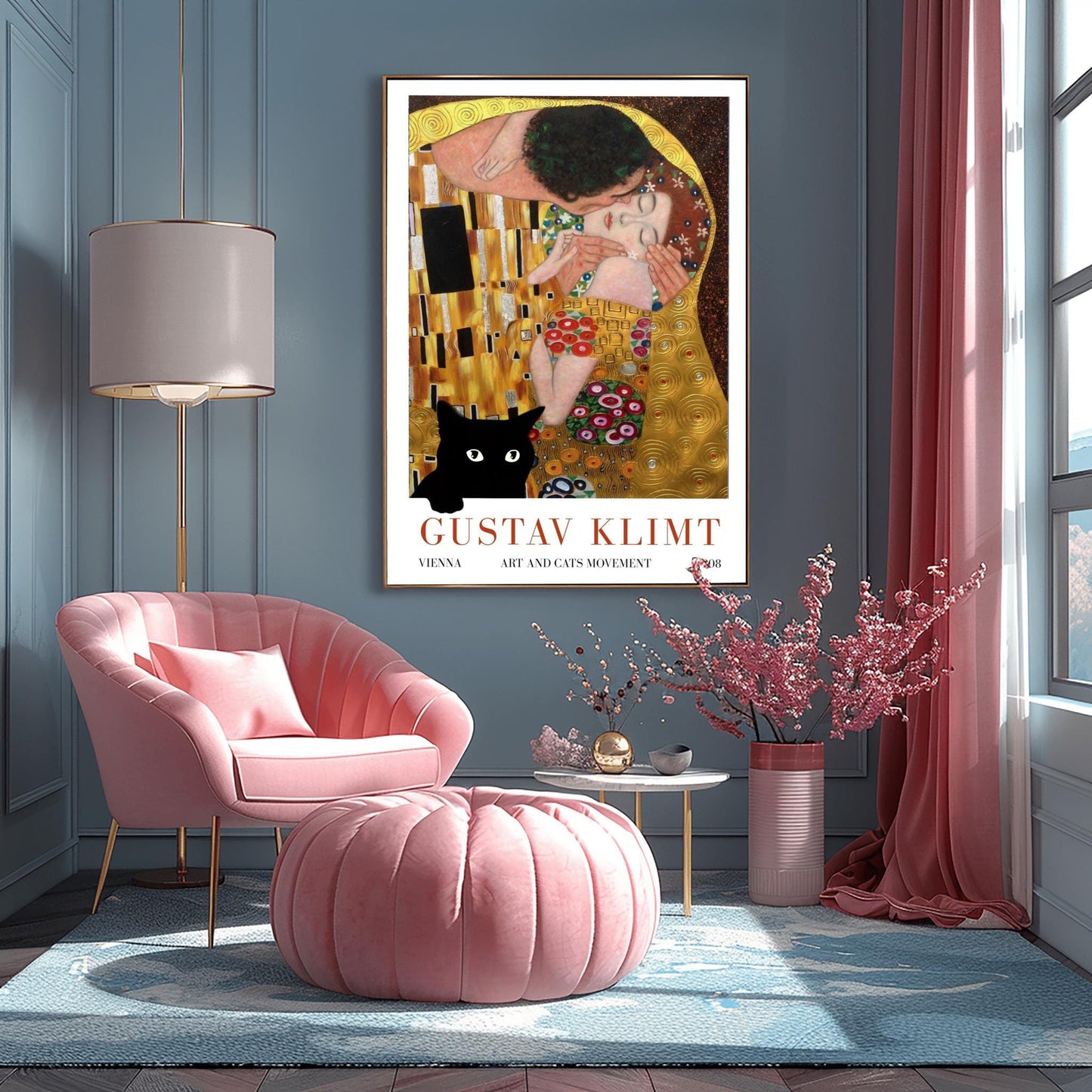 Gustav Klimt 'The Kiss' Poster, Art and Cats Print, Black Cat Art, Art Nouveau Exhibition