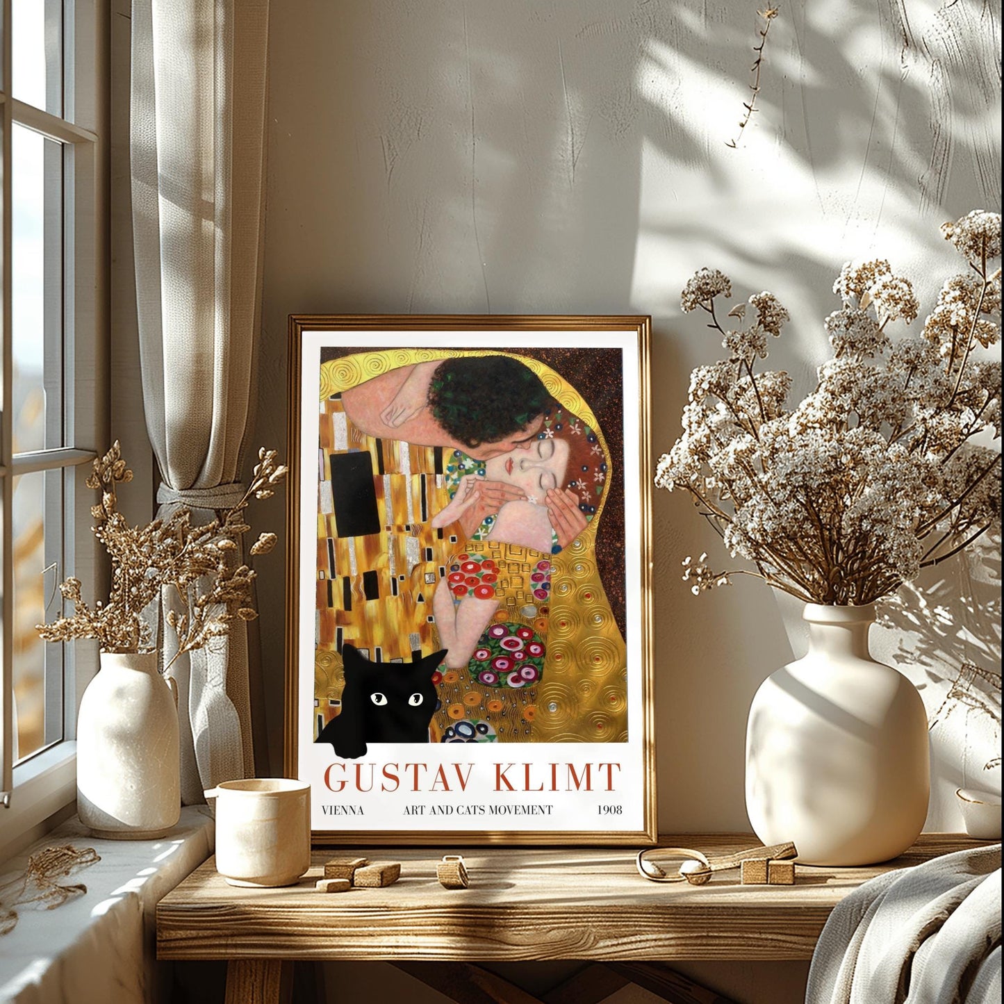 Gustav Klimt 'The Kiss' Poster, Art and Cats Print, Black Cat Art, Art Nouveau Exhibition