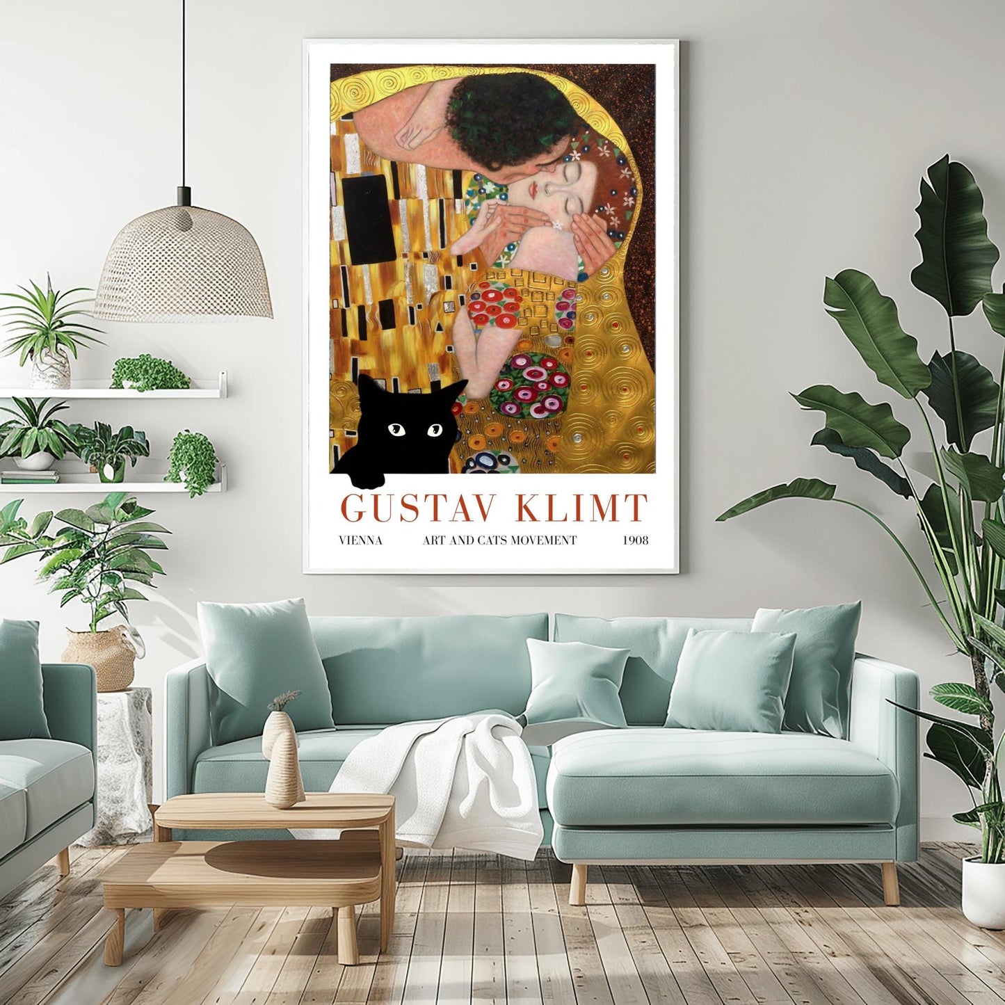 Gustav Klimt 'The Kiss' Poster, Art and Cats Print, Black Cat Art, Art Nouveau Exhibition