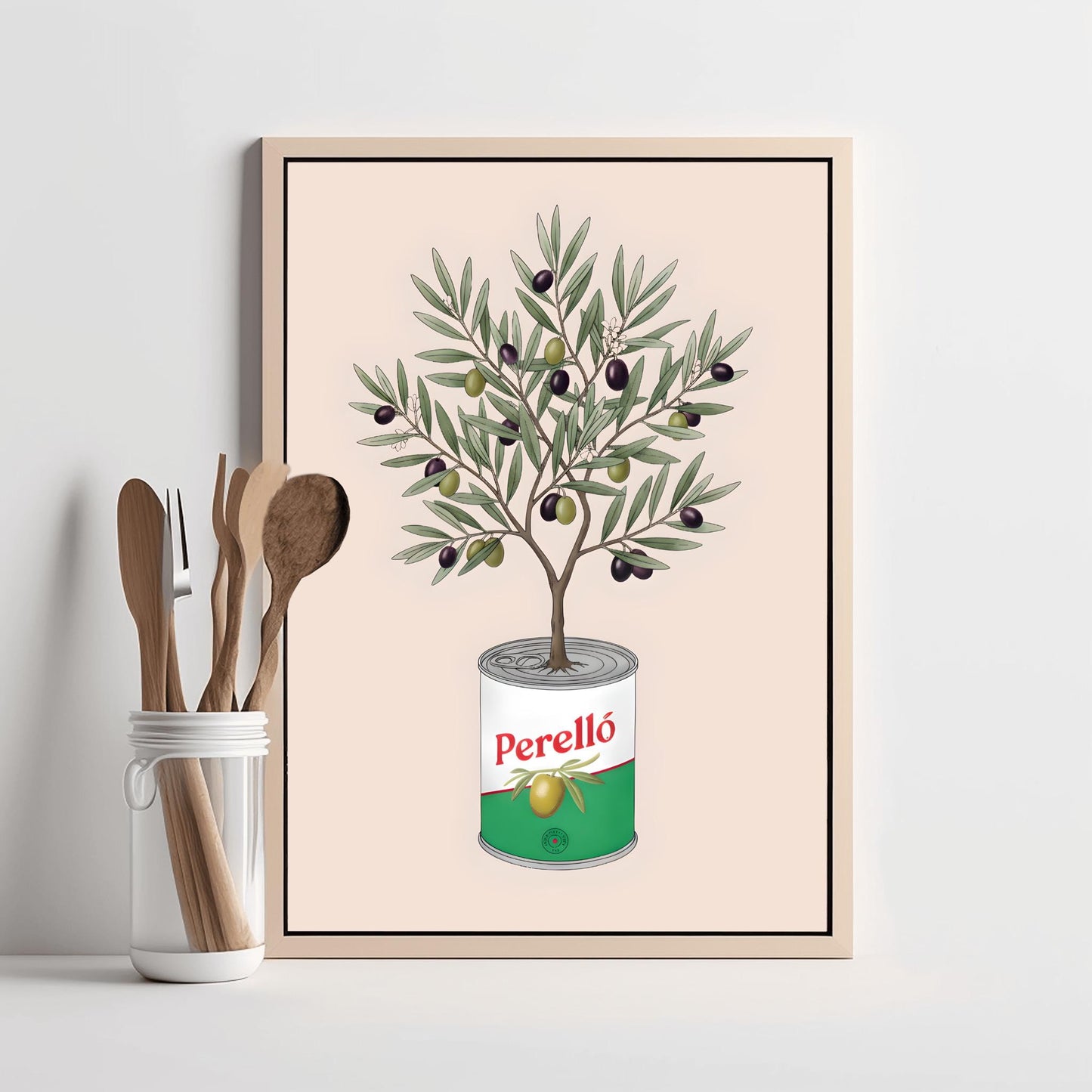 Perelló Olive Tin Art Print, Olive Tree Kitchen Poster, Quirky Food Art, Whimsical Kitchen Decor