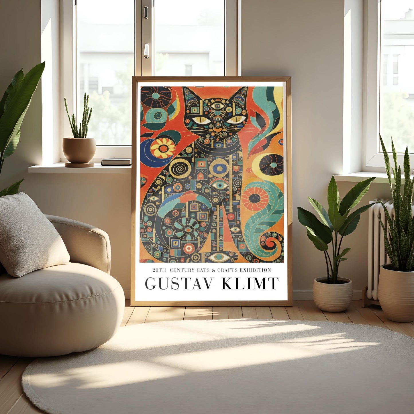 Gustav Klimt Inspiration Cat Poster, Golden Art Nouveau Print, Cats and Crafts Exhibition, Whimsical Wall Decor