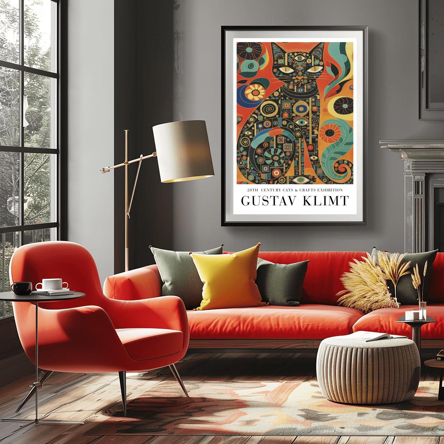 Gustav Klimt Inspiration Cat Poster, Golden Art Nouveau Print, Cats and Crafts Exhibition, Whimsical Wall Decor