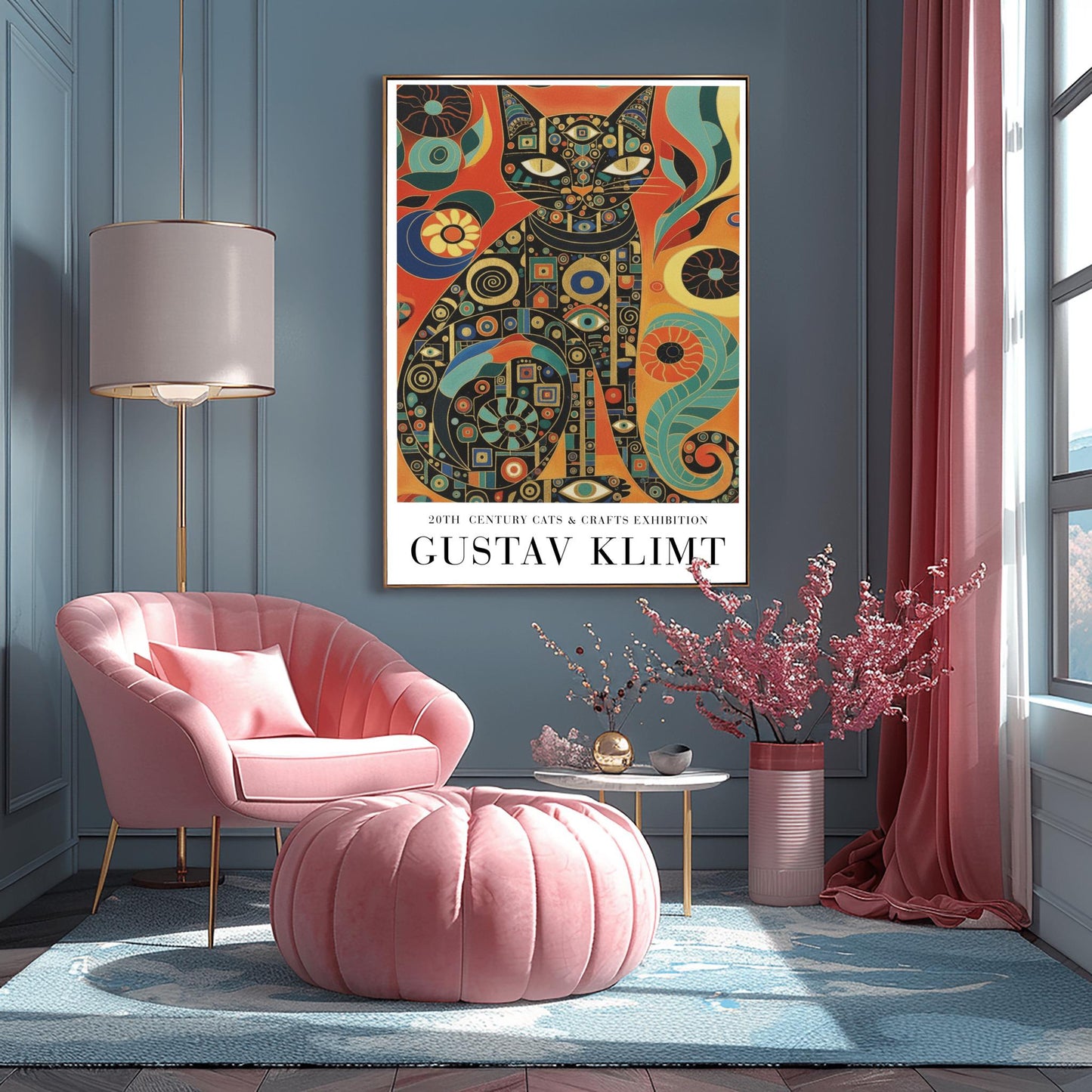 Gustav Klimt Inspiration Cat Poster, Golden Art Nouveau Print, Cats and Crafts Exhibition, Whimsical Wall Decor
