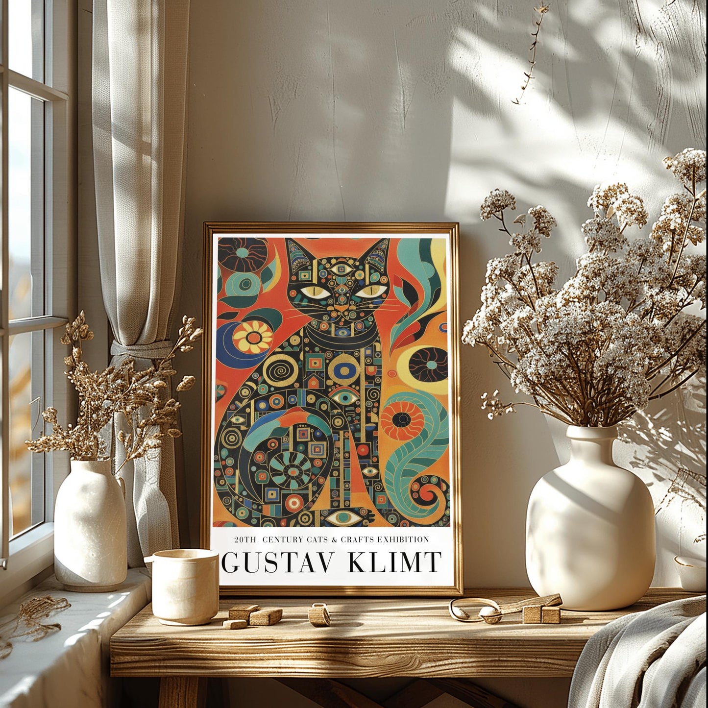 Gustav Klimt Inspiration Cat Poster, Golden Art Nouveau Print, Cats and Crafts Exhibition, Whimsical Wall Decor