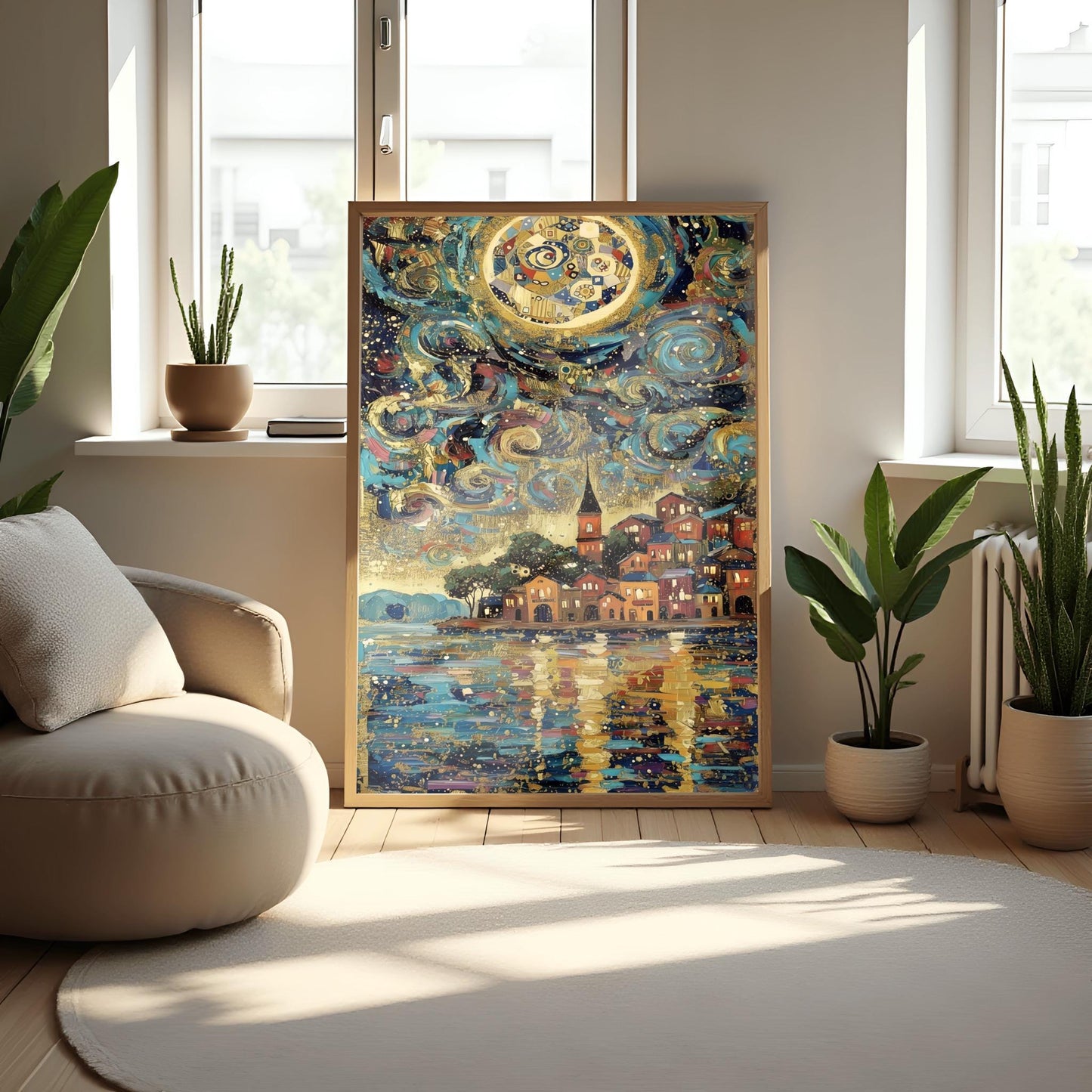 Gustav Klimt Celestial Night Lake Inspiration Art Print, Golden Night Scene Poster, Whimsical Celestial Town, Abstract Landscape Art