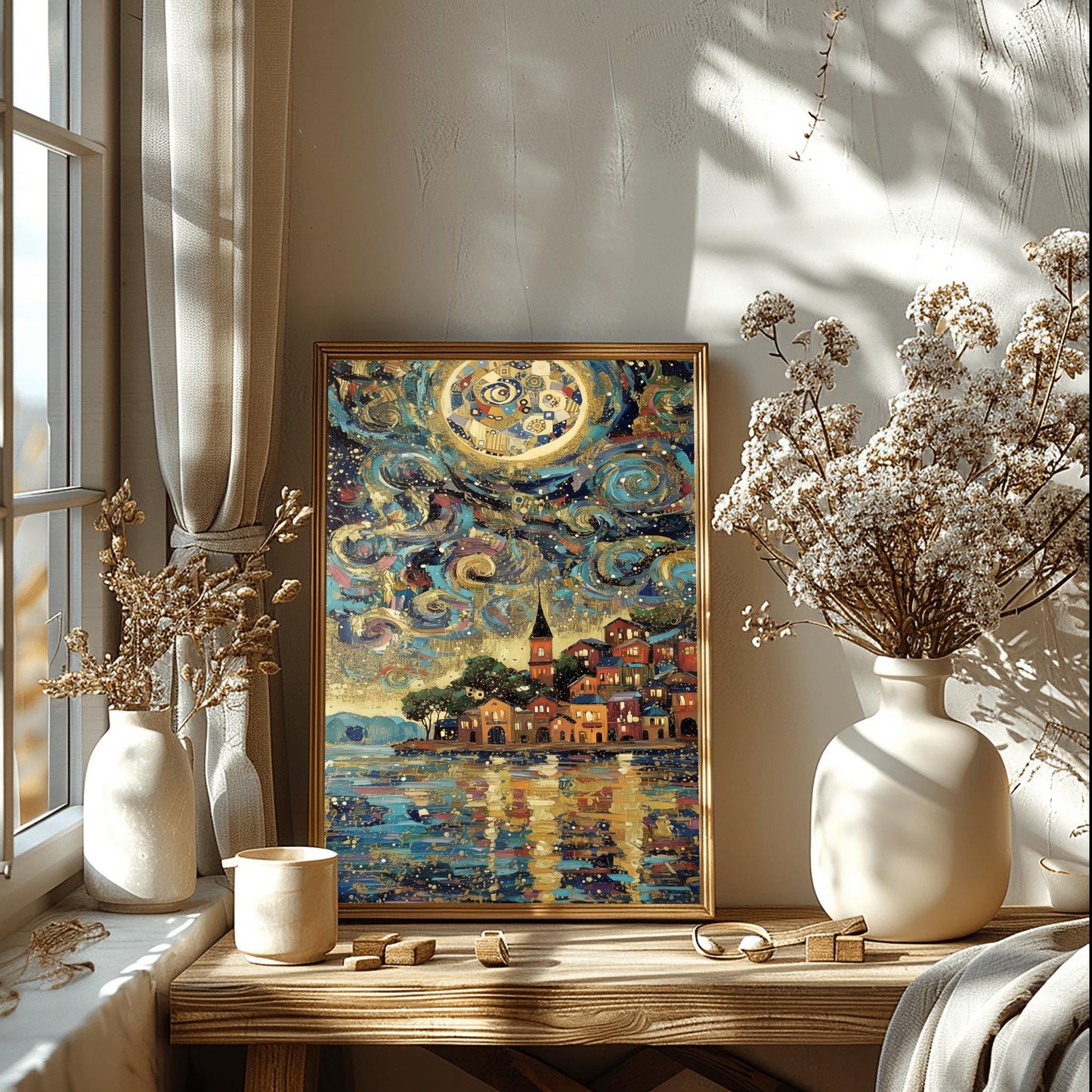 Gustav Klimt Celestial Night Lake Inspiration Art Print, Golden Night Scene Poster, Whimsical Celestial Town, Abstract Landscape Art