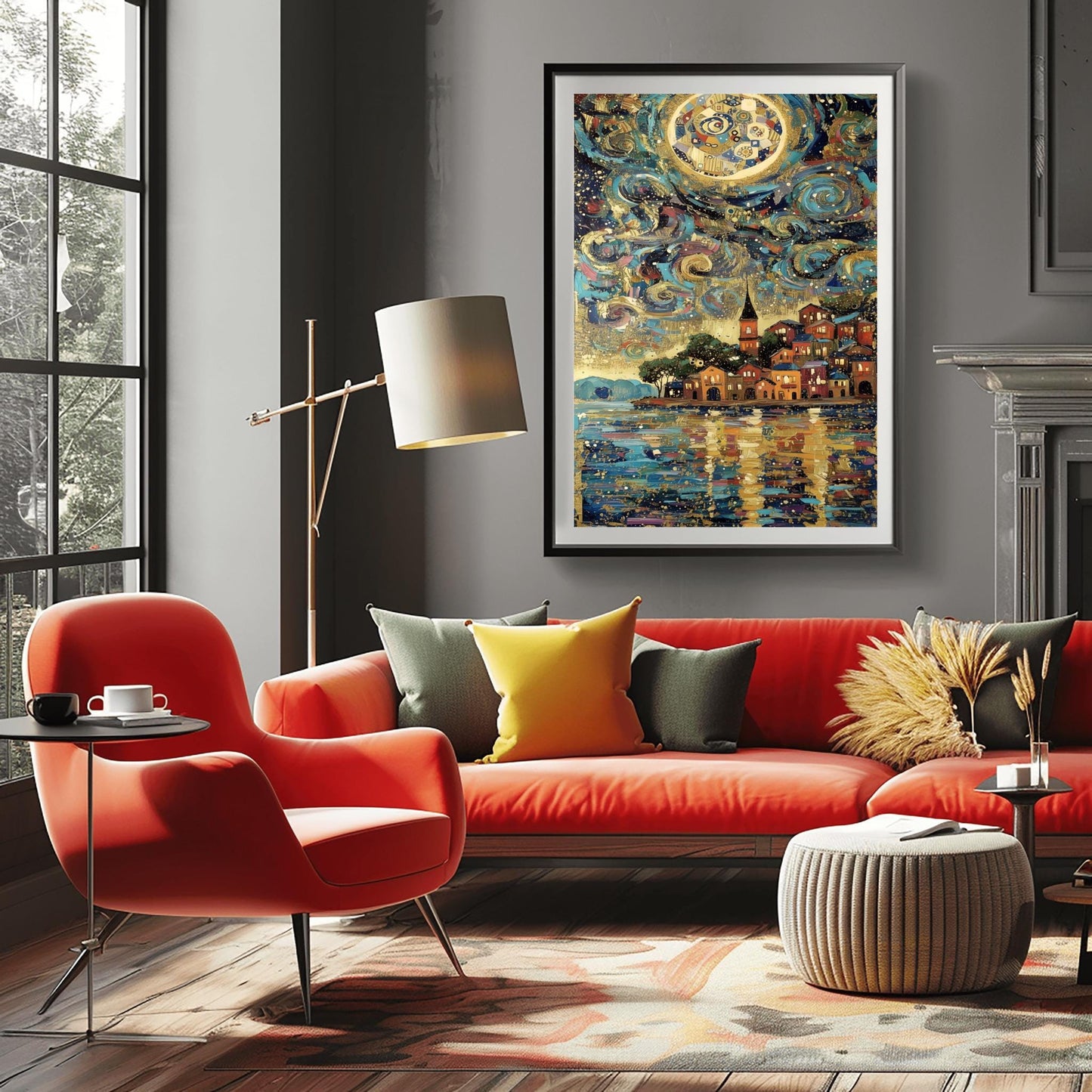 Gustav Klimt Celestial Night Lake Inspiration Art Print, Golden Night Scene Poster, Whimsical Celestial Town, Abstract Landscape Art