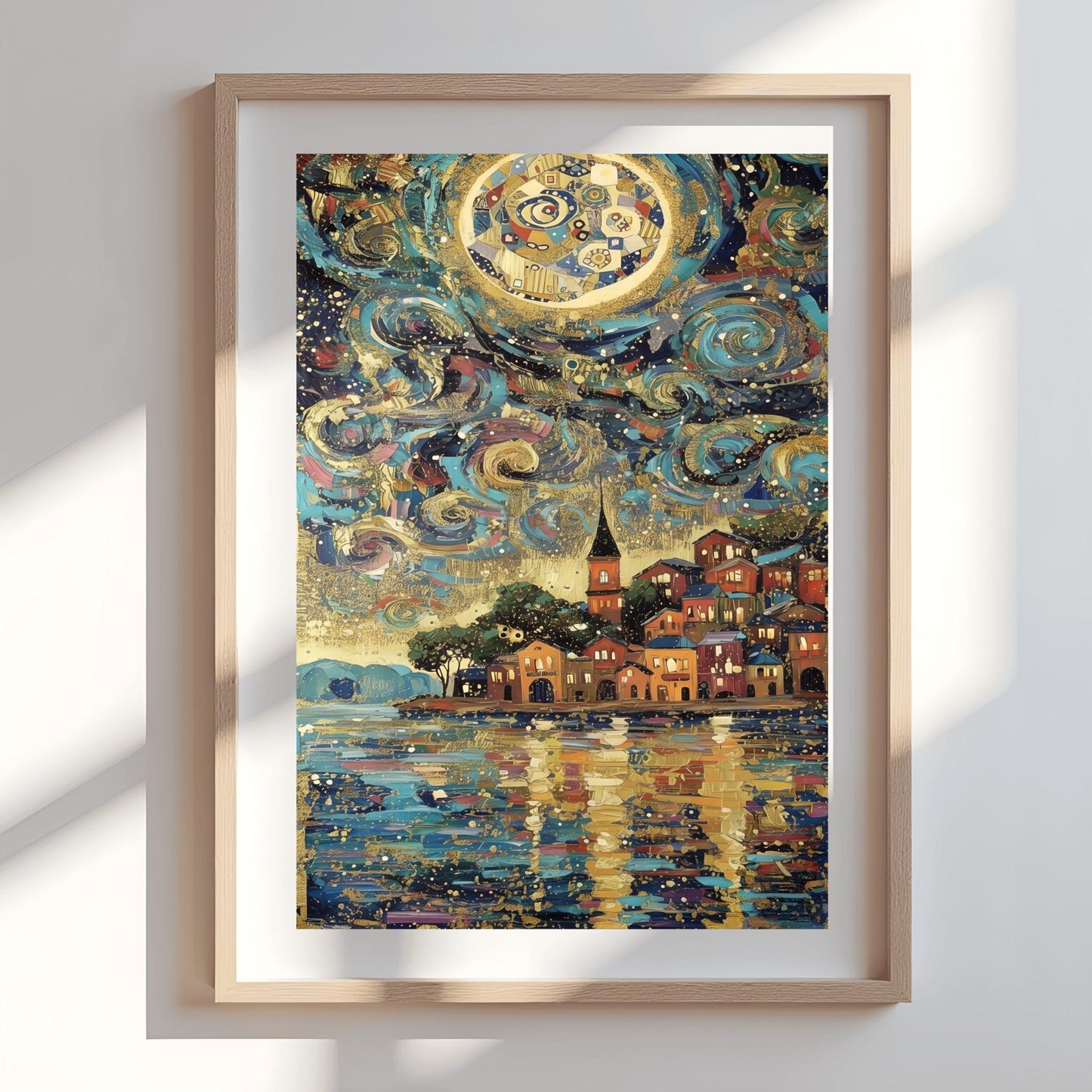Gustav Klimt Celestial Night Lake Inspiration Art Print, Golden Night Scene Poster, Whimsical Celestial Town, Abstract Landscape Art