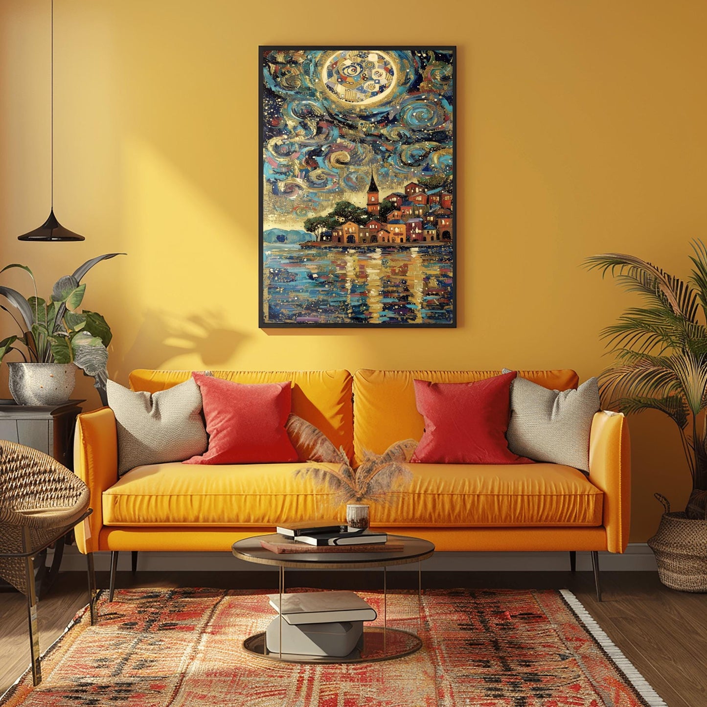 Gustav Klimt Celestial Night Lake Inspiration Art Print, Golden Night Scene Poster, Whimsical Celestial Town, Abstract Landscape Art