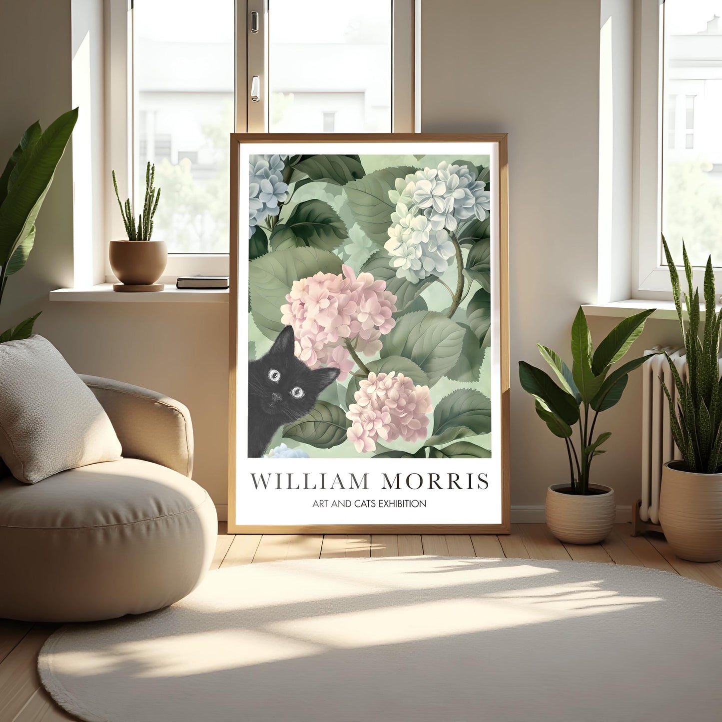 William Morris Cat Poster, Black Cat Art Print, Arts and Crafts Exhibition, Green Floral Wall Decor