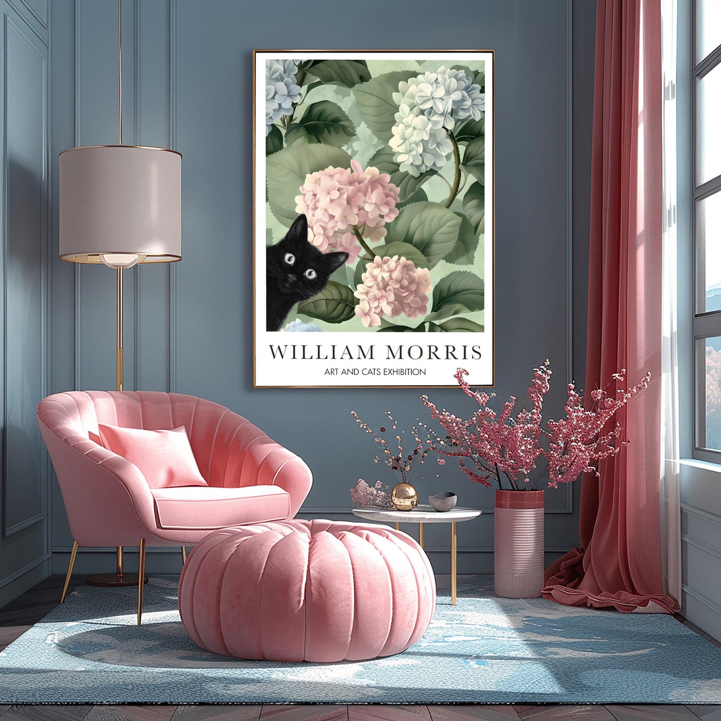 William Morris Cat Poster, Black Cat Art Print, Arts and Crafts Exhibition, Green Floral Wall Decor