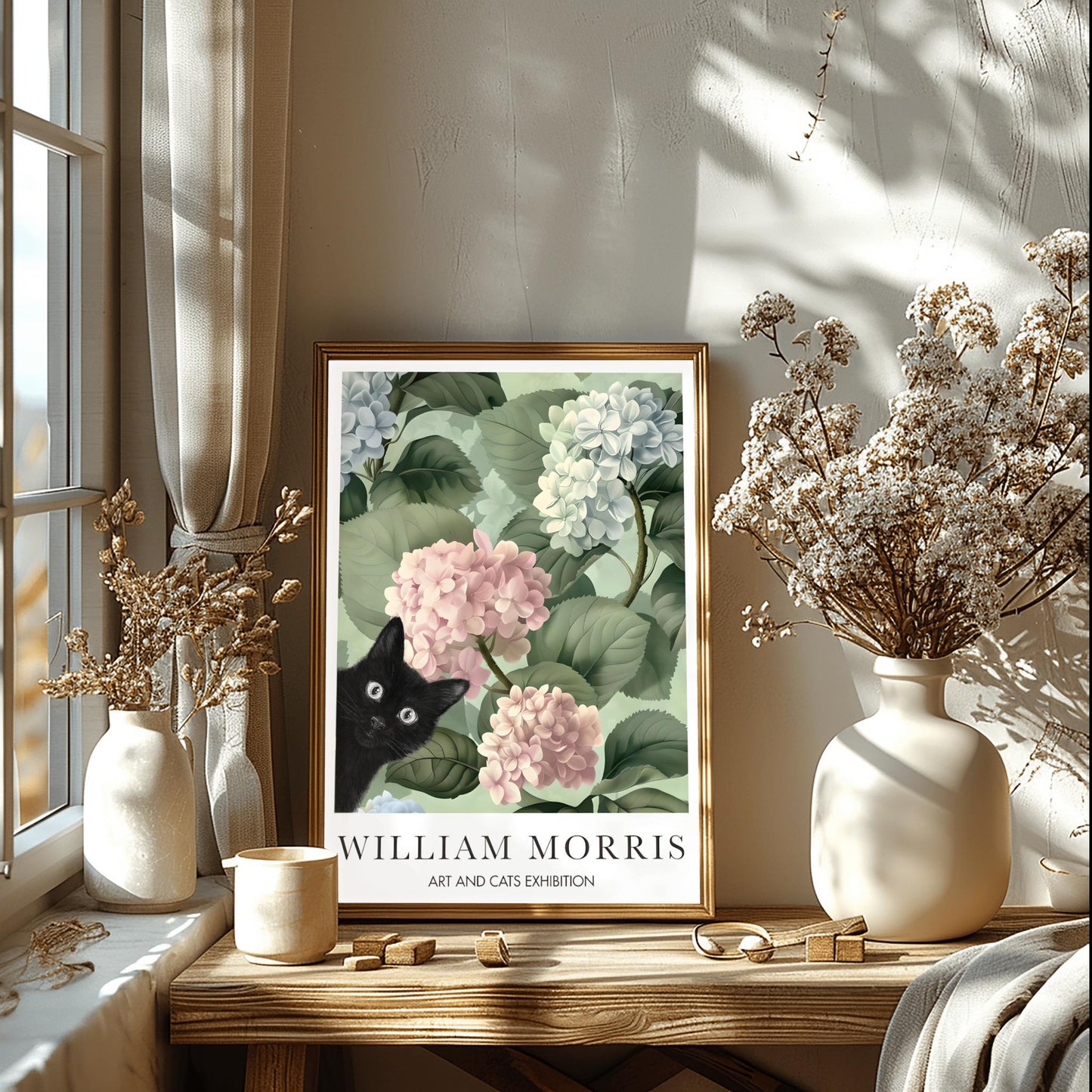 William Morris Cat Poster, Black Cat Art Print, Arts and Crafts Exhibition, Green Floral Wall Decor