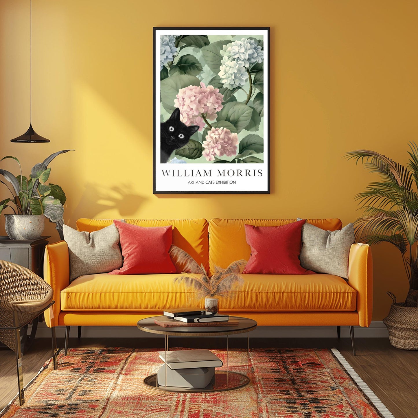 William Morris Cat Poster, Black Cat Art Print, Arts and Crafts Exhibition, Green Floral Wall Decor
