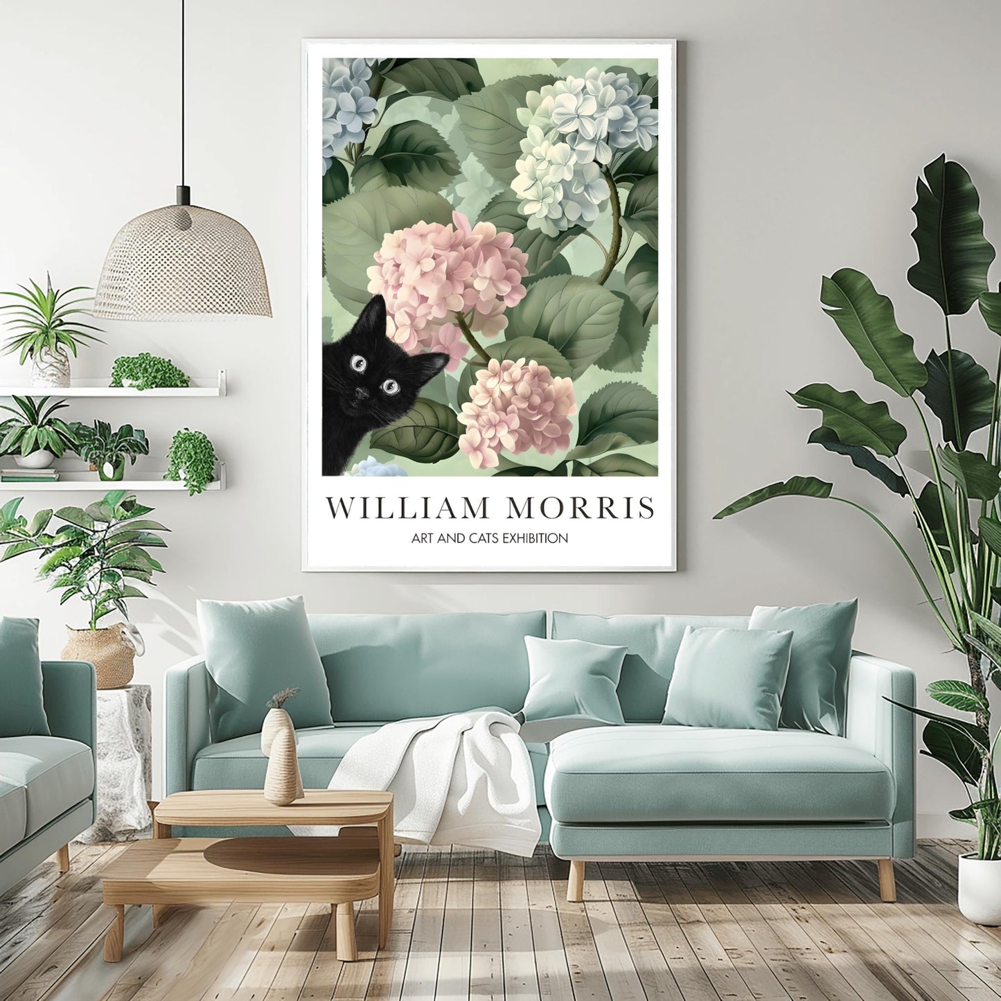 William Morris Cat Poster, Black Cat Art Print, Arts and Crafts Exhibition, Green Floral Wall Decor