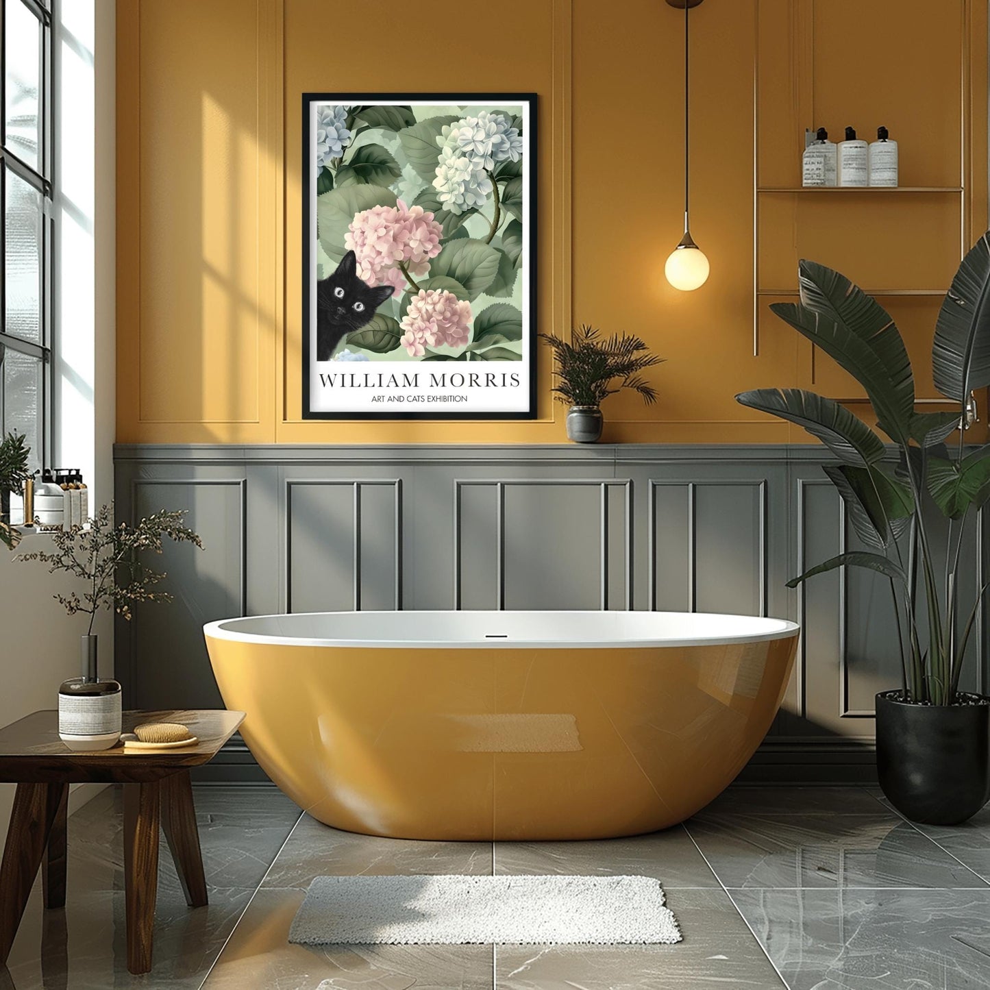 William Morris Cat Poster, Black Cat Art Print, Arts and Crafts Exhibition, Green Floral Wall Decor