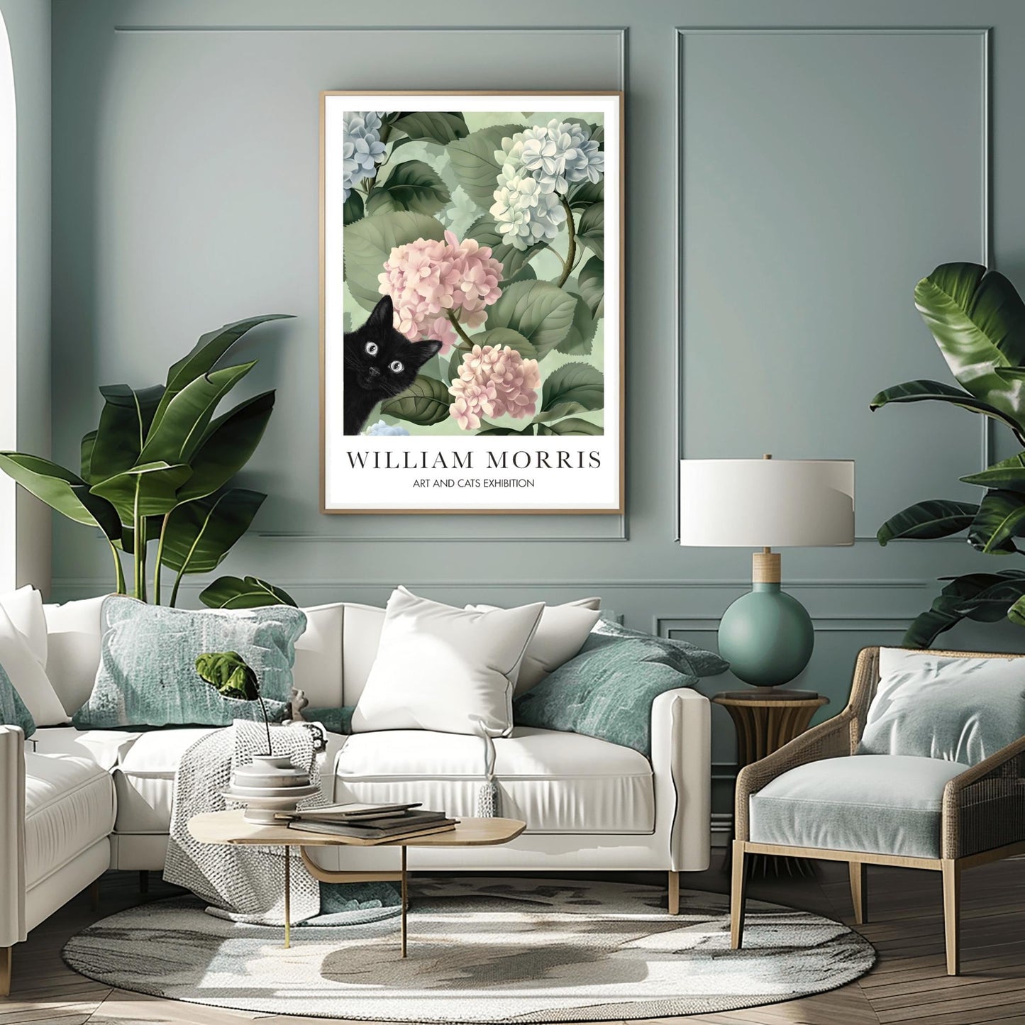 William Morris Cat Poster, Black Cat Art Print, Arts and Crafts Exhibition, Green Floral Wall Decor
