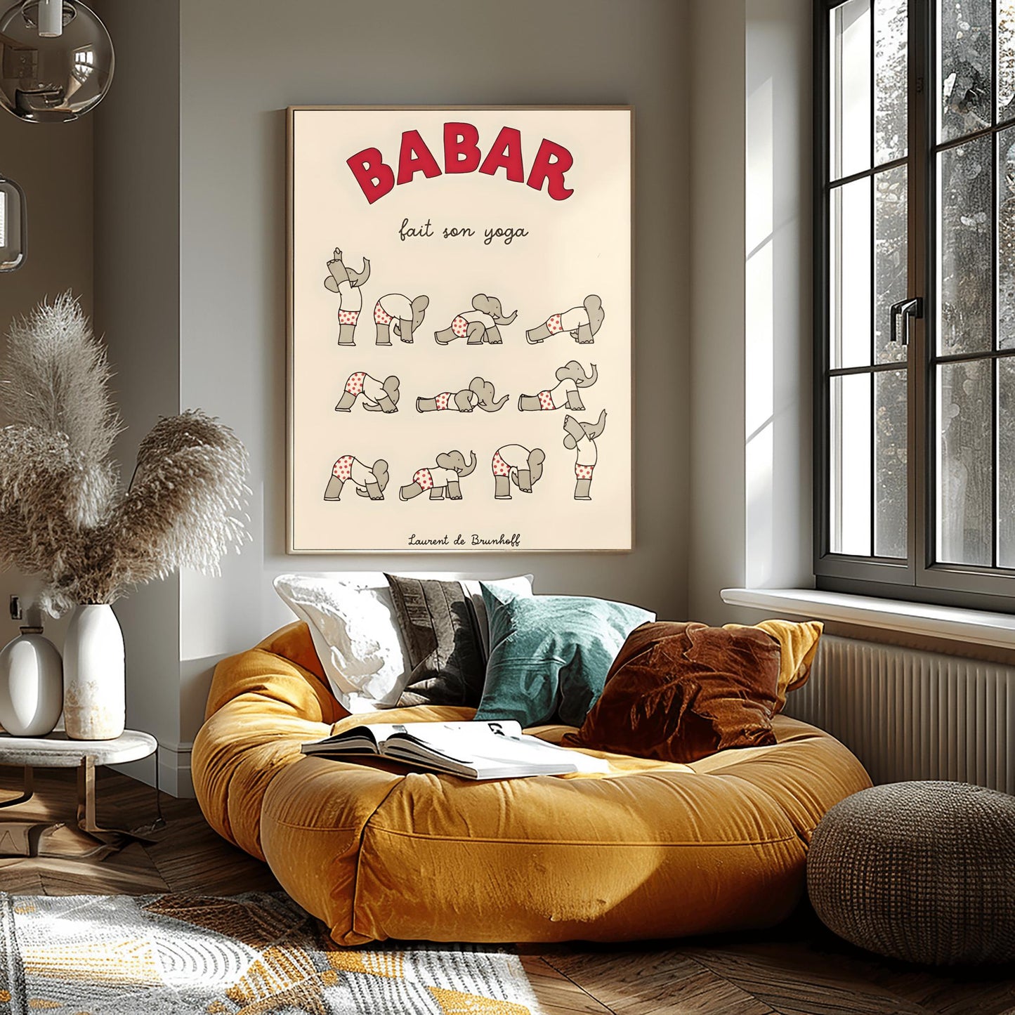 Babar the Elephant Does Yoga Print: Red Polka Dot Pants Retro Nursery Decor, Kids Room Art