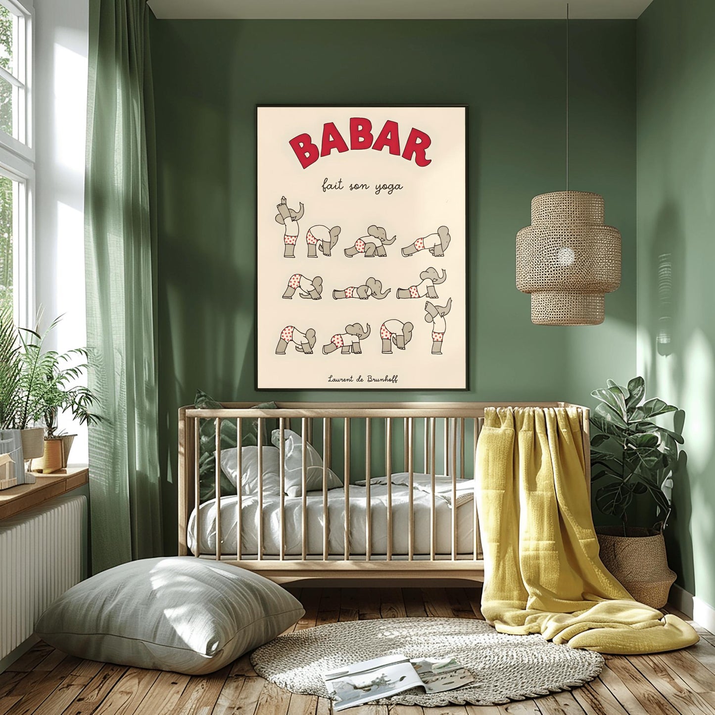 Babar the Elephant Does Yoga Print: Red Polka Dot Pants Retro Nursery Decor, Kids Room Art