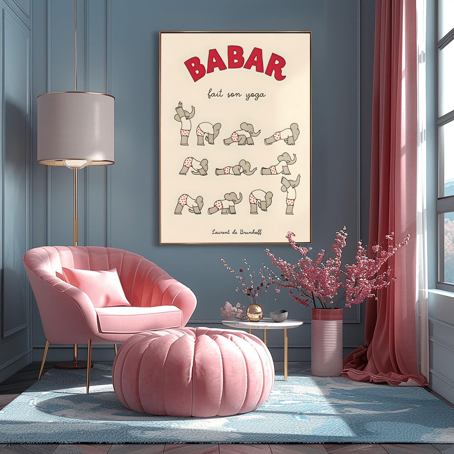 Babar the Elephant Does Yoga Print: Red Polka Dot Pants Retro Nursery Decor, Kids Room Art