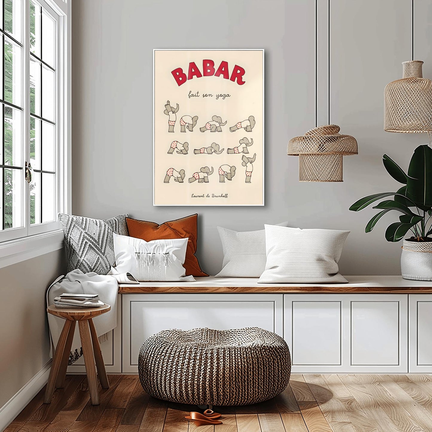 Babar the Elephant Does Yoga Print: Red Polka Dot Pants Retro Nursery Decor, Kids Room Art