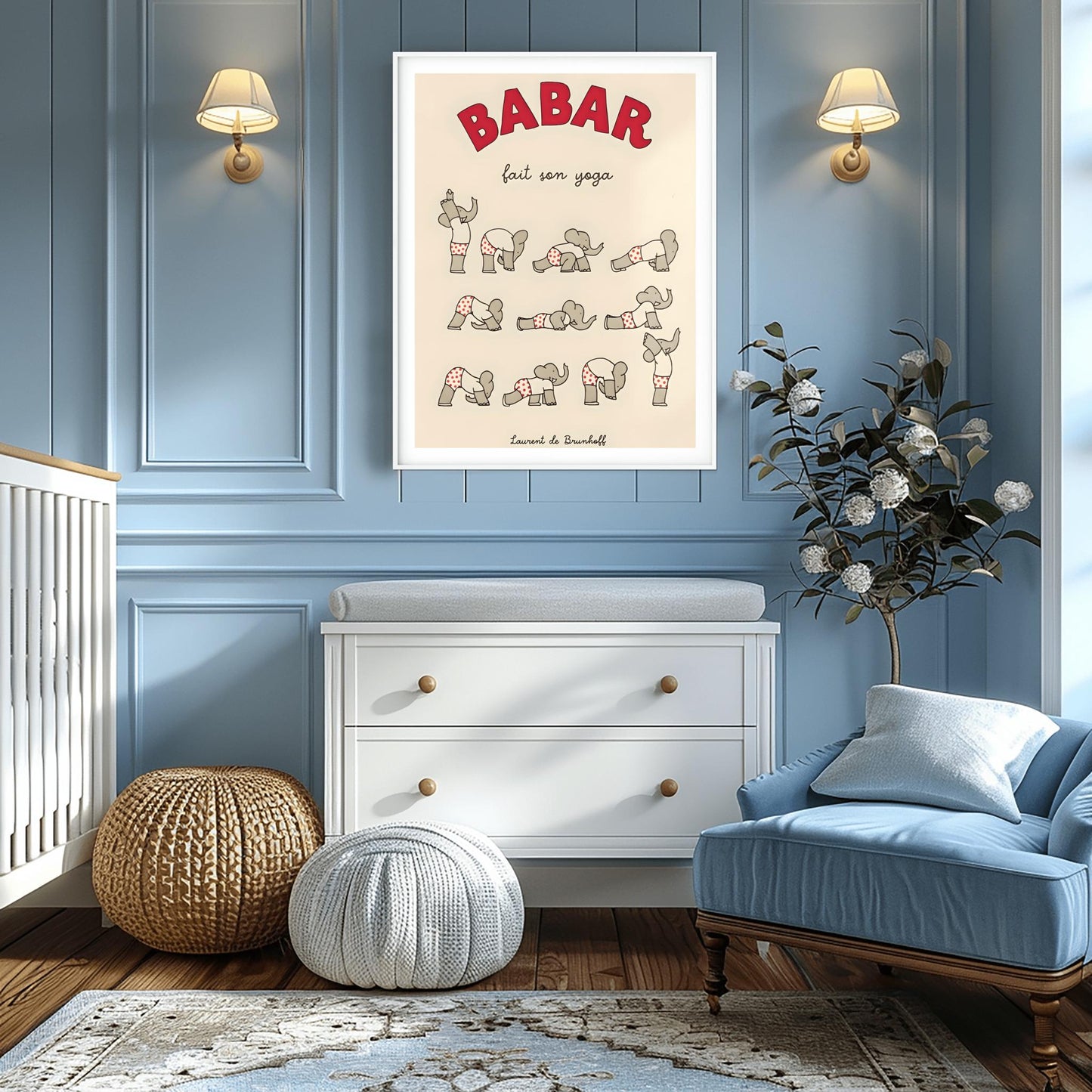 Babar the Elephant Does Yoga Print: Red Polka Dot Pants Retro Nursery Decor, Kids Room Art