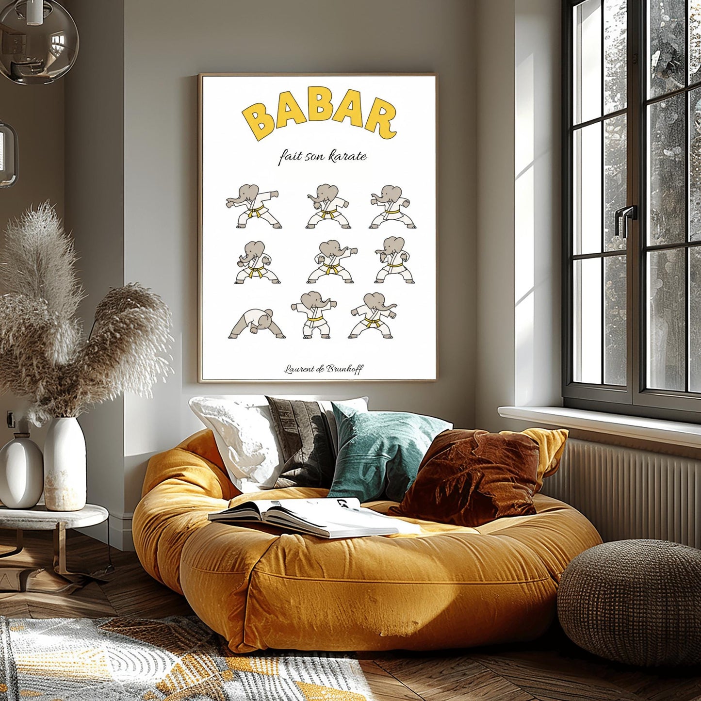 Babar fait son karaté Poster, Cute Kids Room Art, Elephant Martial Arts Print, French Nursery Decor