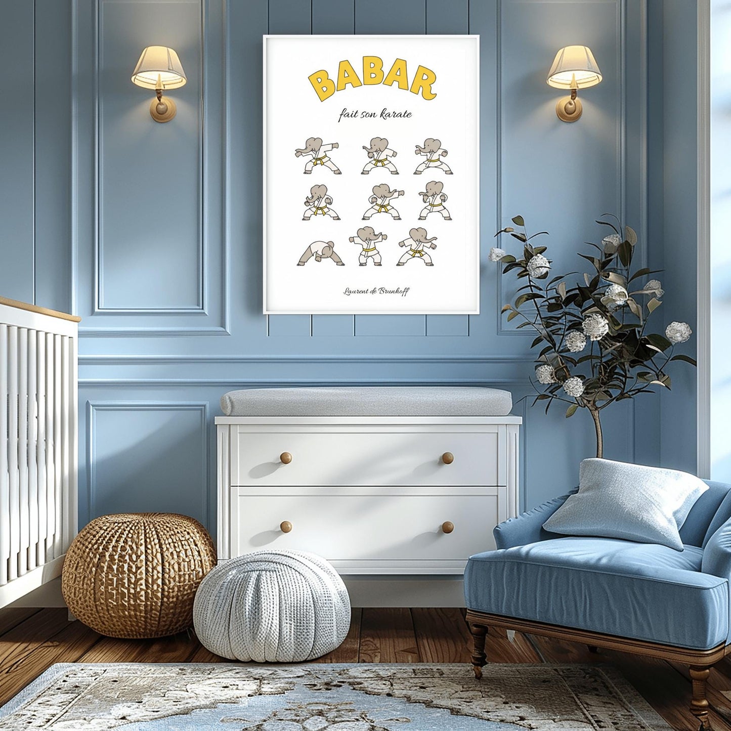 Babar fait son karaté Poster, Cute Kids Room Art, Elephant Martial Arts Print, French Nursery Decor