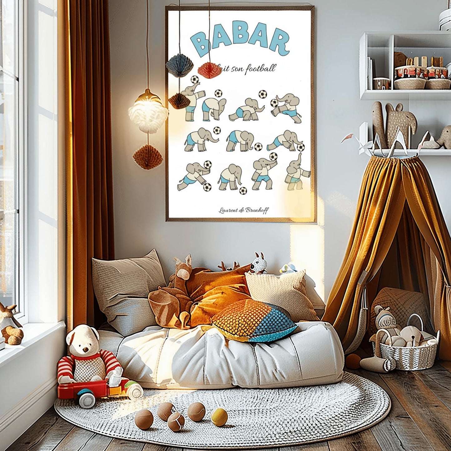 Babar fait son football Poster, Elephant Soccer Player Art, Cute French Nursery Decor, Kids Sports Print