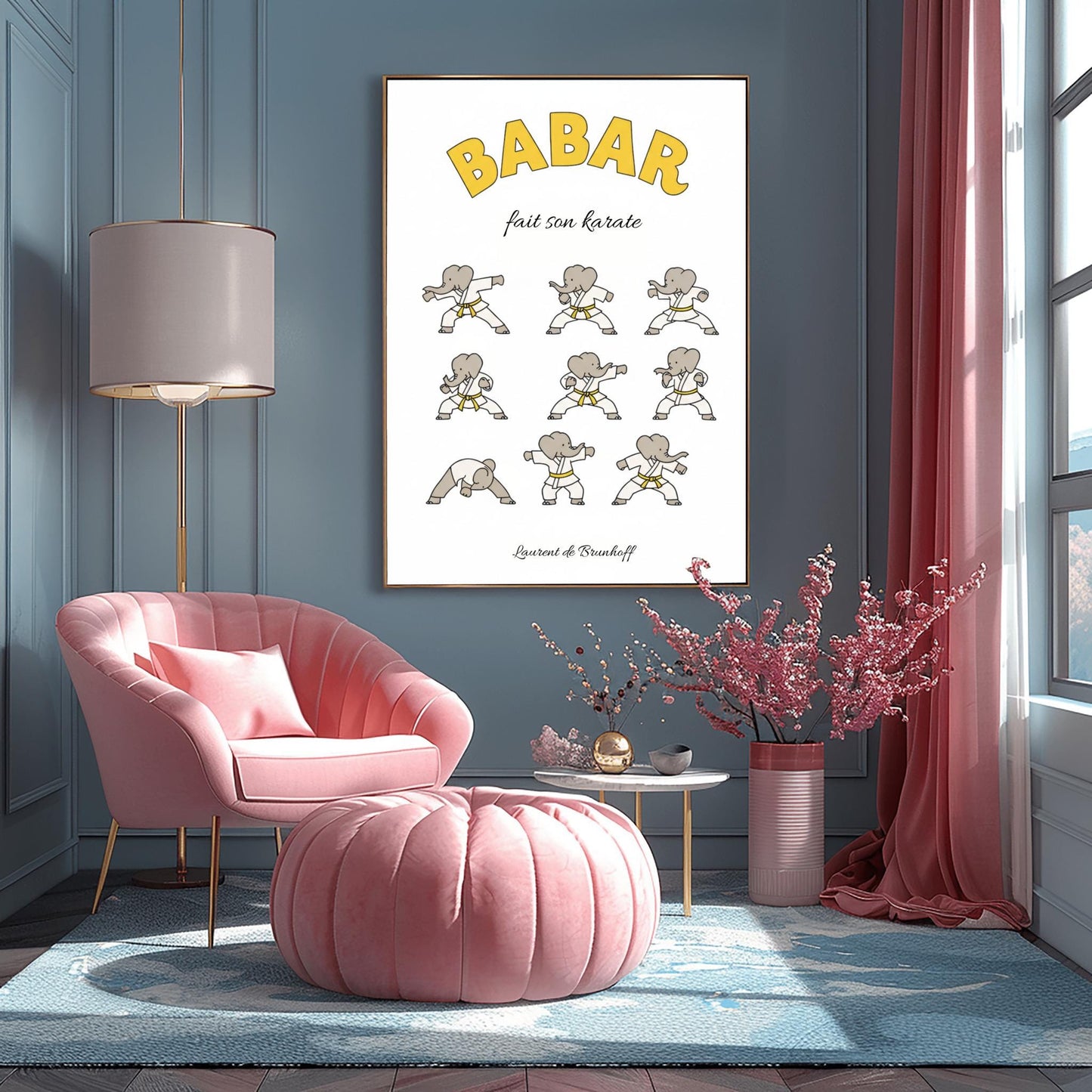 Babar fait son karaté Poster, Cute Kids Room Art, Elephant Martial Arts Print, French Nursery Decor