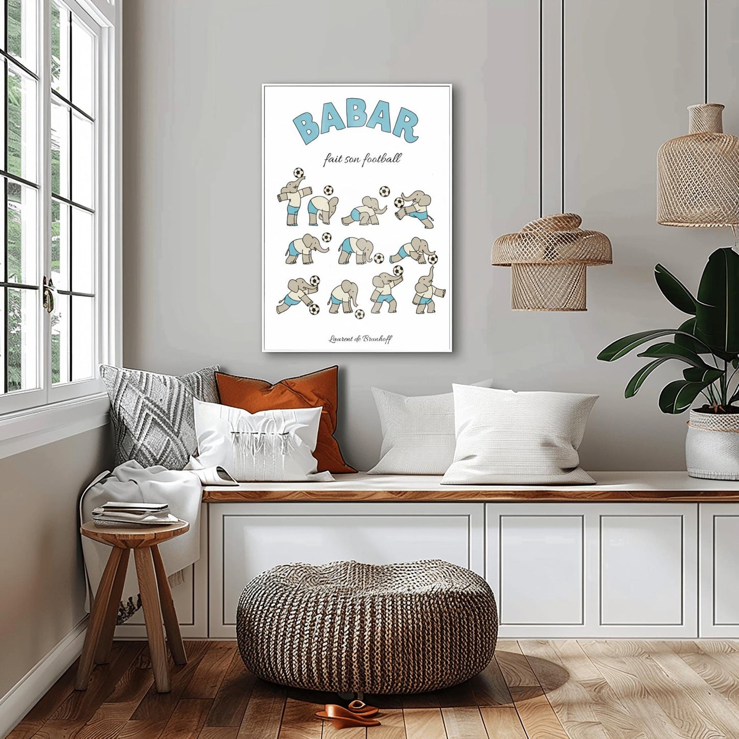 Babar fait son football Poster, Elephant Soccer Player Art, Cute French Nursery Decor, Kids Sports Print