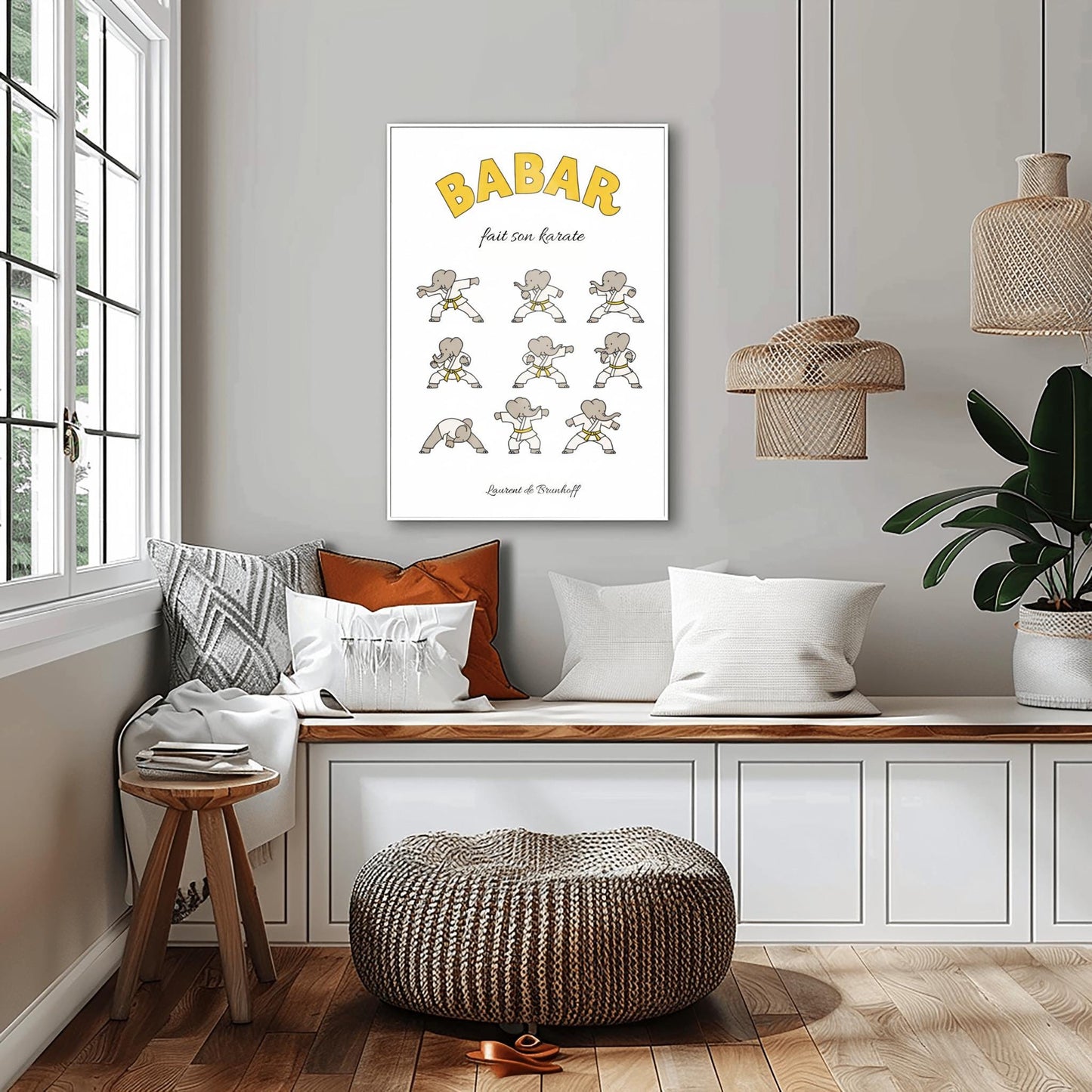 Babar fait son karaté Poster, Cute Kids Room Art, Elephant Martial Arts Print, French Nursery Decor