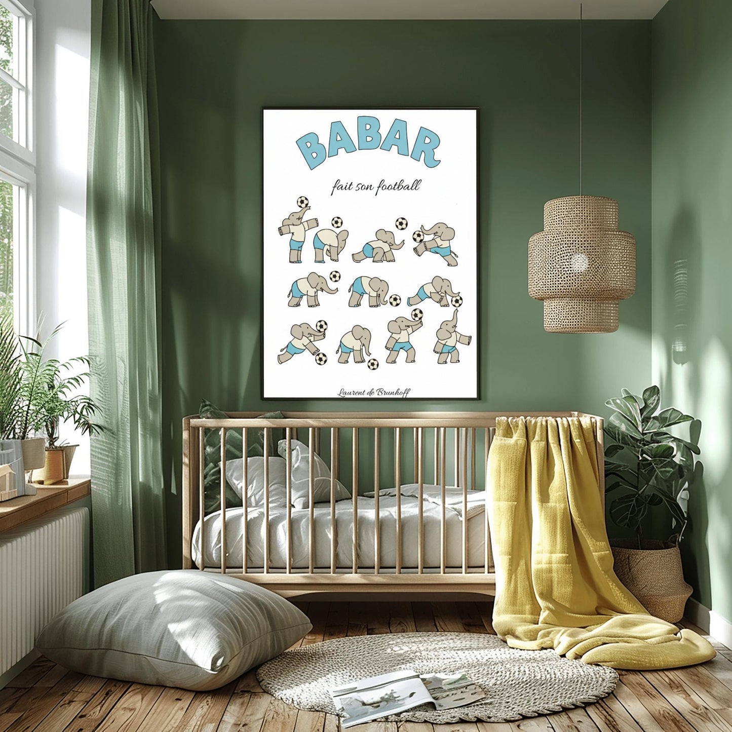 Babar fait son football Poster, Elephant Soccer Player Art, Cute French Nursery Decor, Kids Sports Print