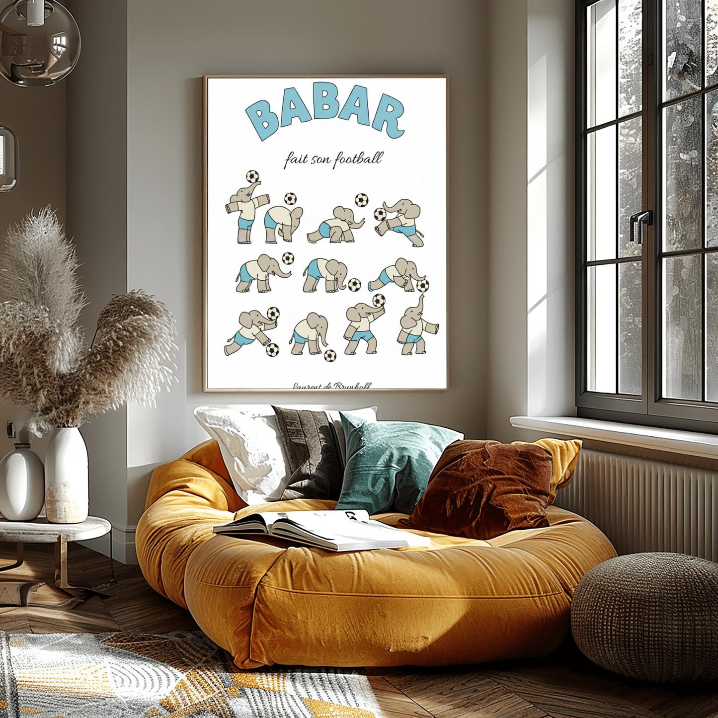 Babar fait son football Poster, Elephant Soccer Player Art, Cute French Nursery Decor, Kids Sports Print
