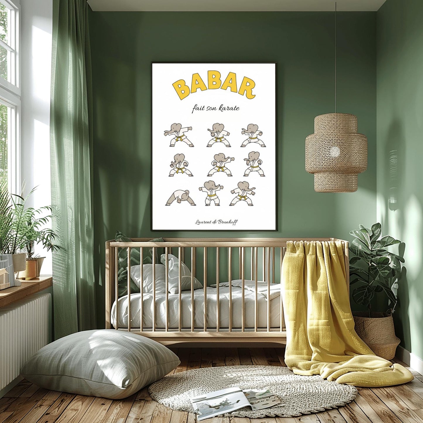 Babar fait son karaté Poster, Cute Kids Room Art, Elephant Martial Arts Print, French Nursery Decor