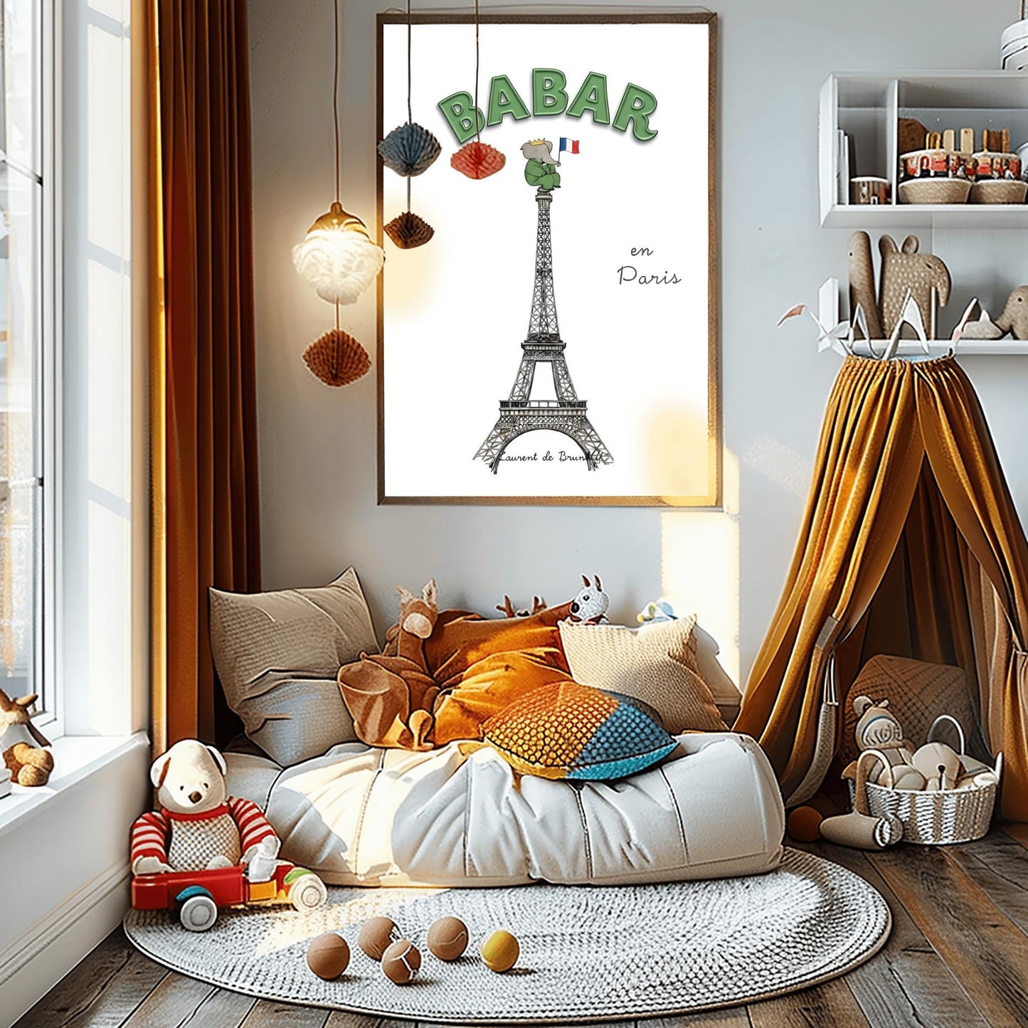 Babar the Elephant In Paris Print: Retro Nursery Decor, Kids Wall Art