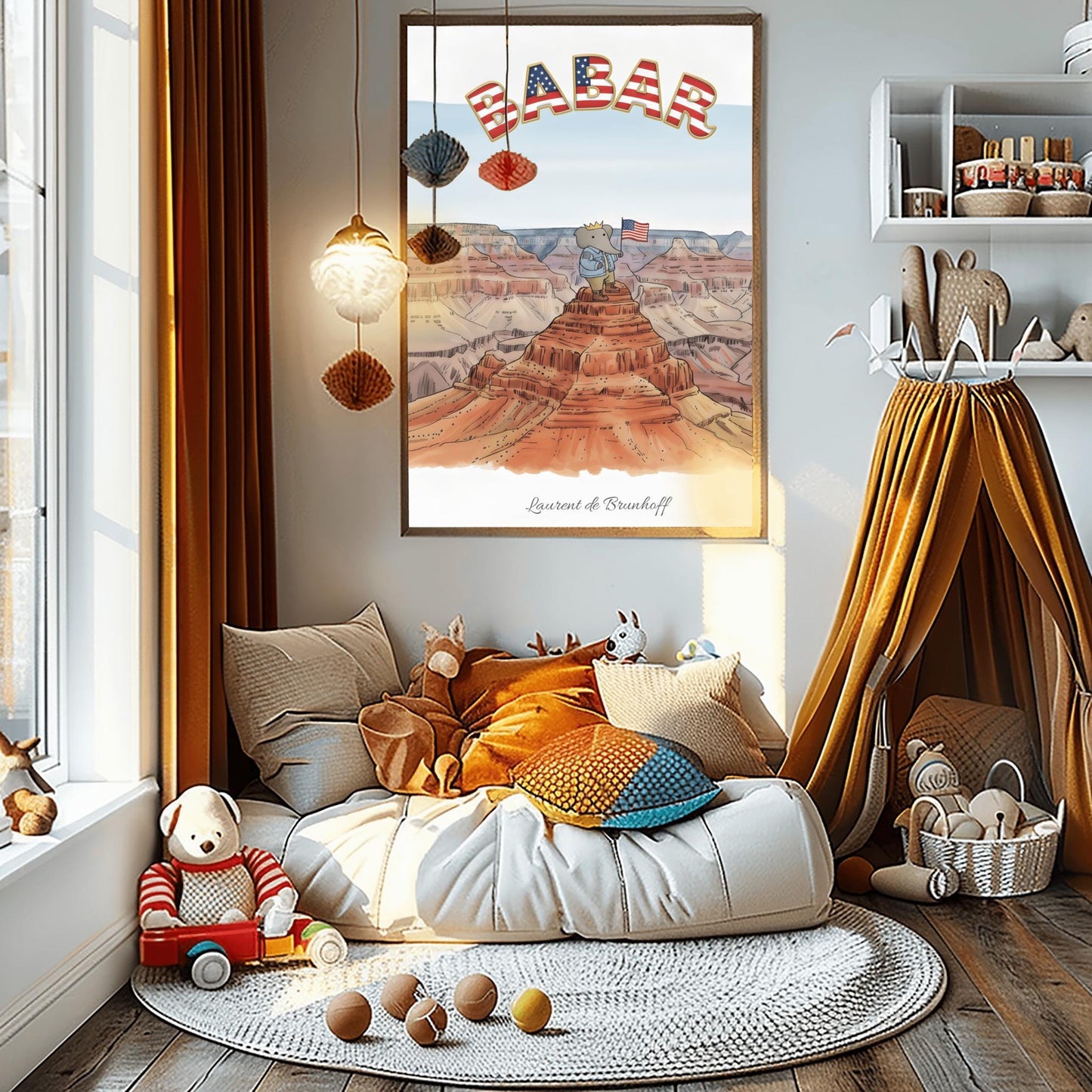 Babar the Elephant at the Grand Canyon Print: Retro Nursery Decor, Kids Wall Art