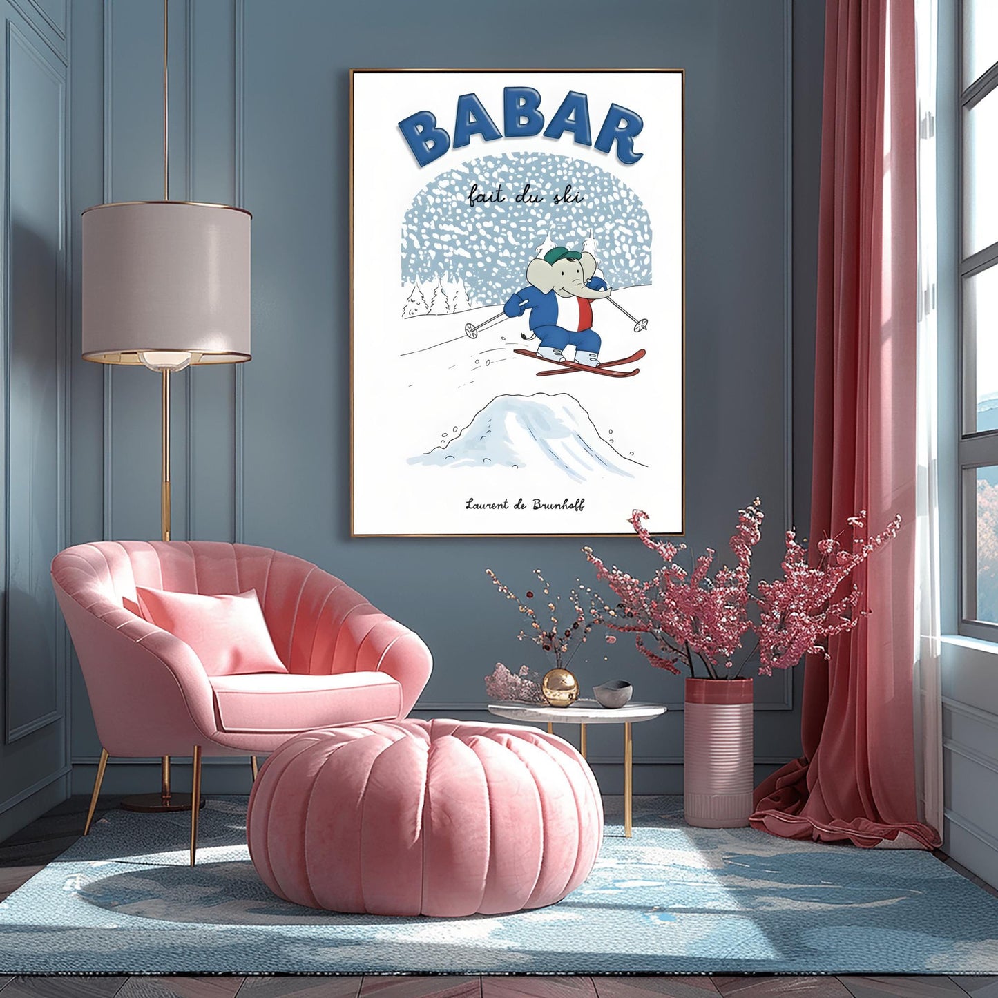 Babar the Elephant Print French Skiing: Retro Nursery Decor, Kids Room Art