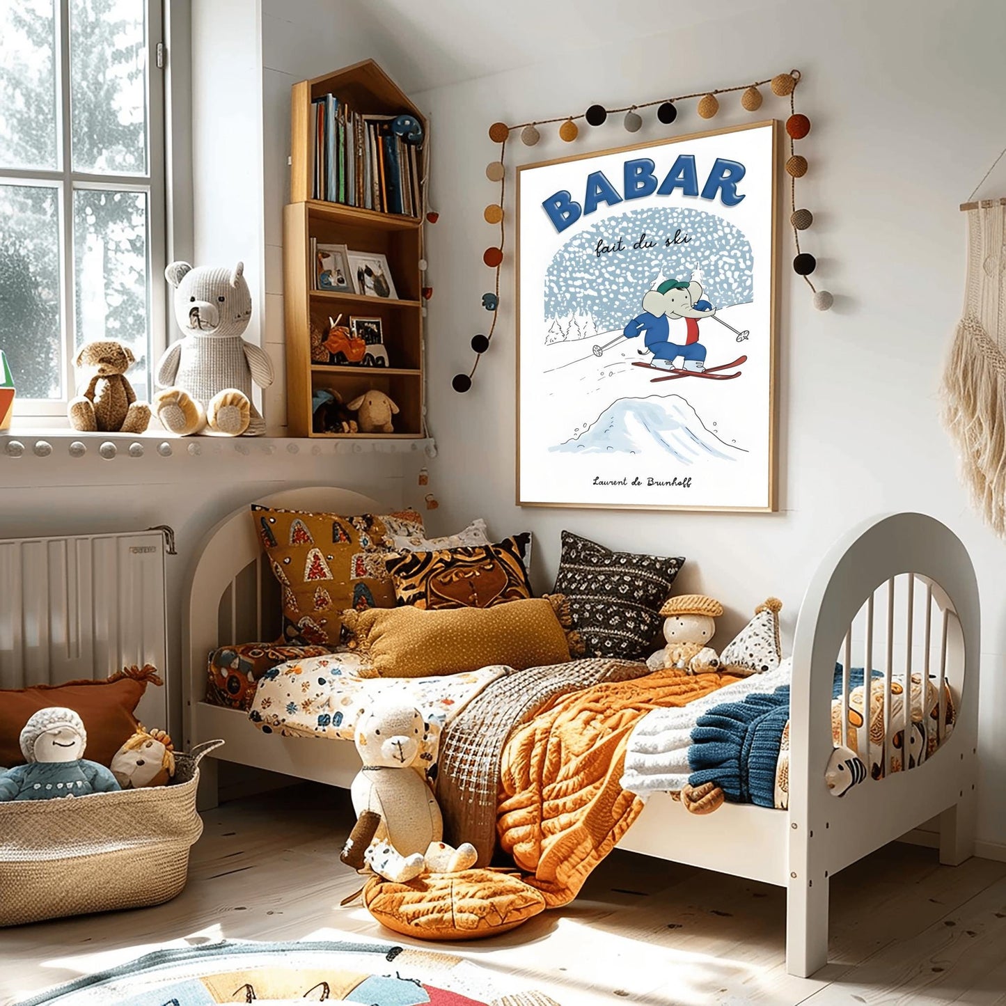 Babar the Elephant Print French Skiing: Retro Nursery Decor, Kids Room Art
