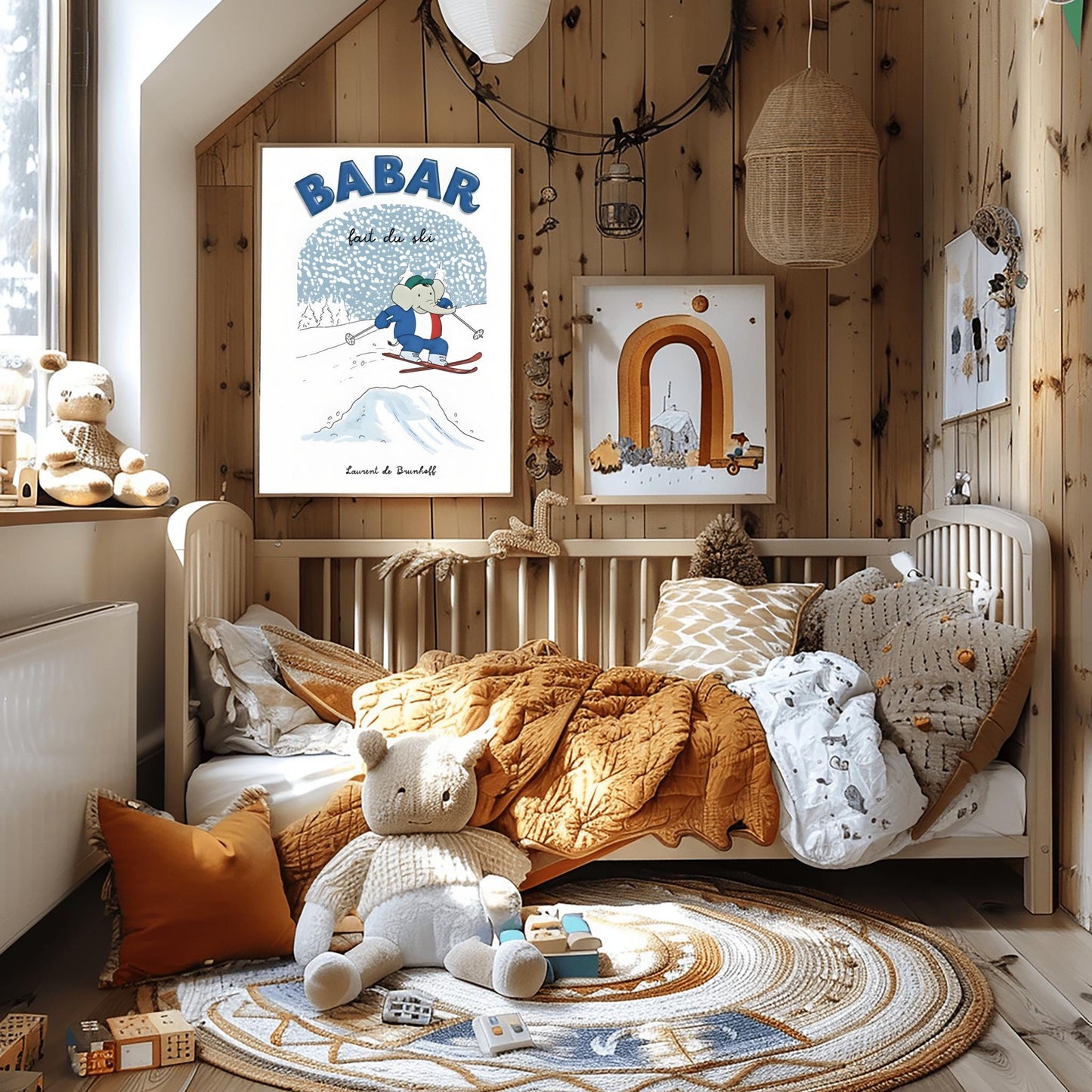 Babar the Elephant Print French Skiing: Retro Nursery Decor, Kids Room Art