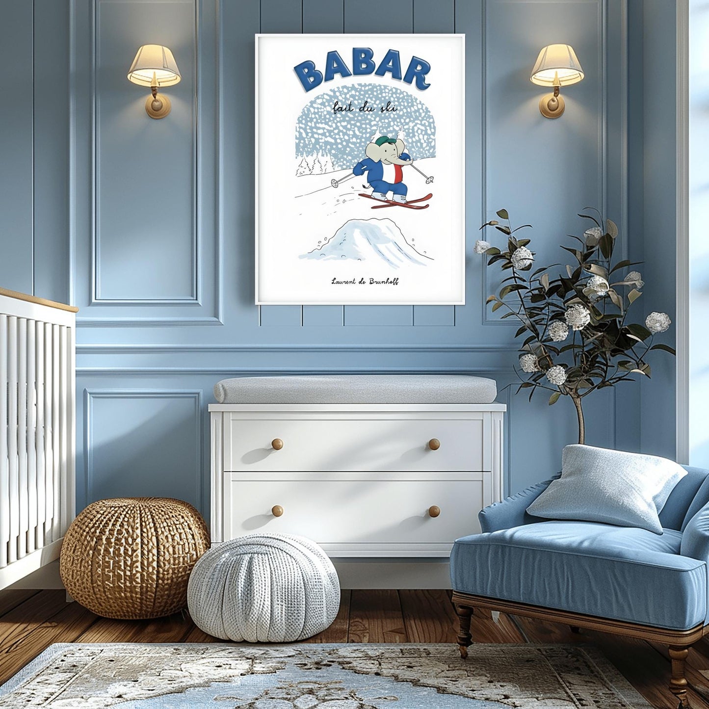 Babar the Elephant Print French Skiing: Retro Nursery Decor, Kids Room Art