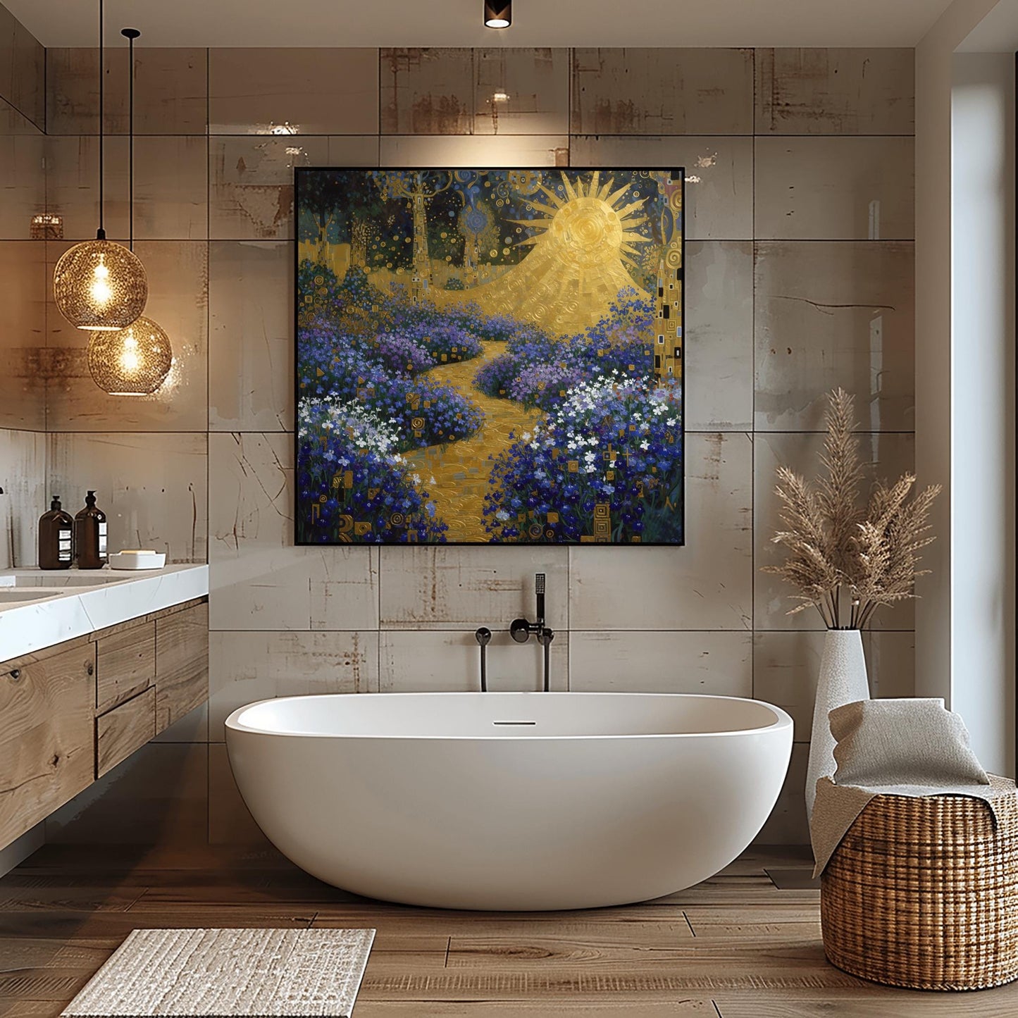 Gustav Klimt lobelia Garden Inspiration Print, Golden Sun Wall Art, Mystical Floral Landscape Poster, Art Nouveau Decor