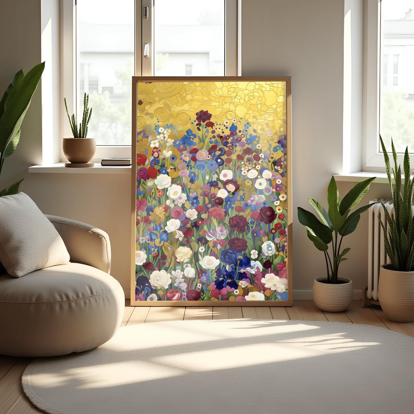 Klimt Floral Meadow Print, Abstract Flower Field Art, Vibrant Gold Aesthetic Poster, Eclectic Wall Decor