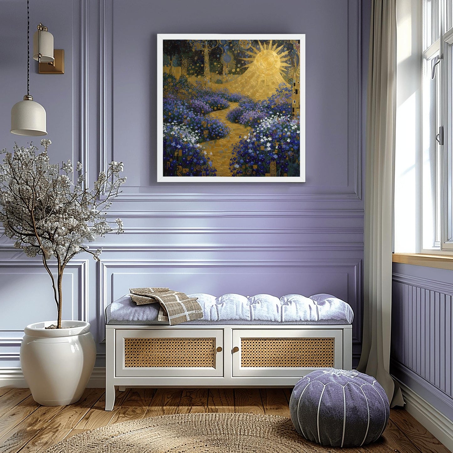 Gustav Klimt lobelia Garden Inspiration Print, Golden Sun Wall Art, Mystical Floral Landscape Poster, Art Nouveau Decor