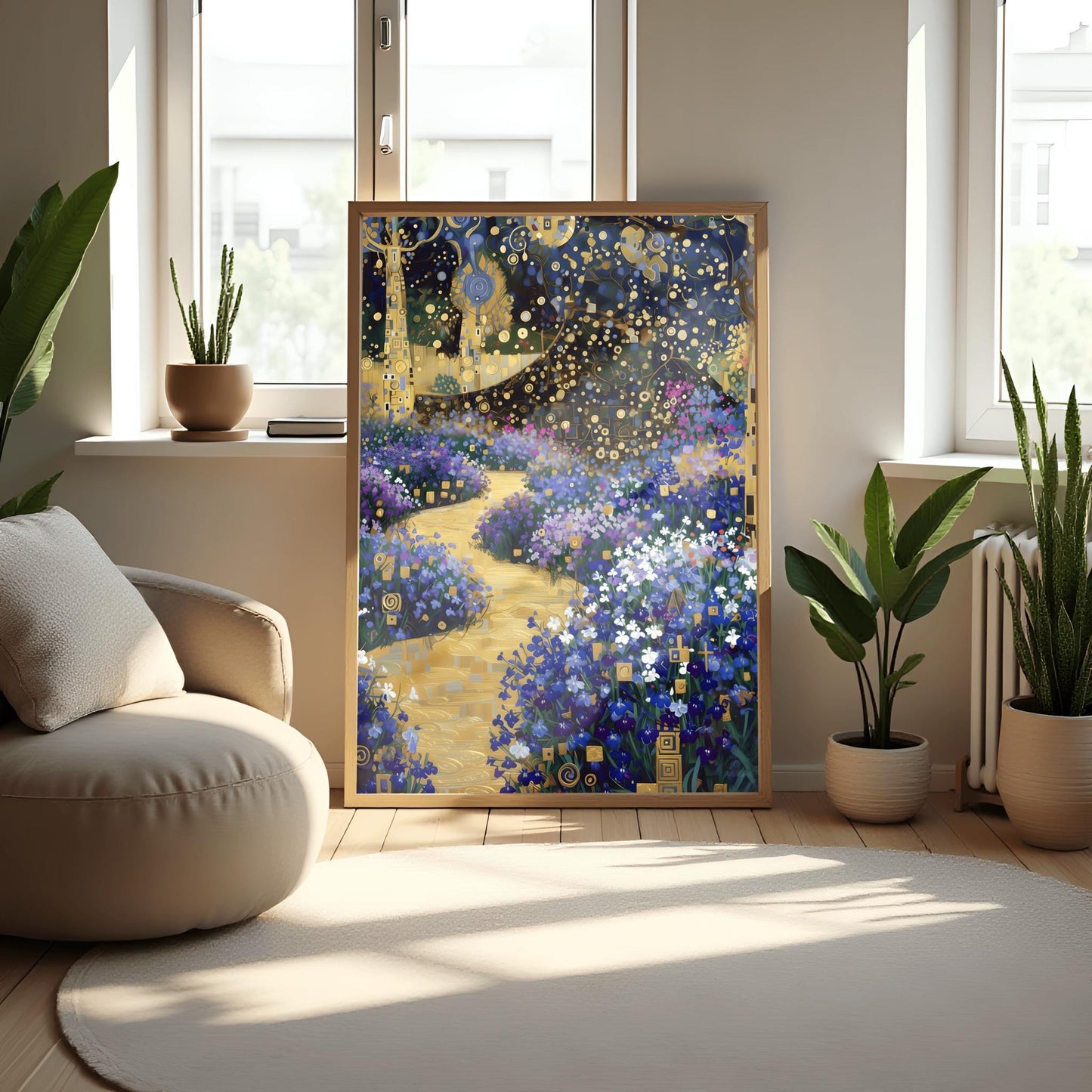 Gustav Klimt Golden Lobelia Garden Print, Art Nouveau Floral Path Poster, Mystical Blue & Gold Decor