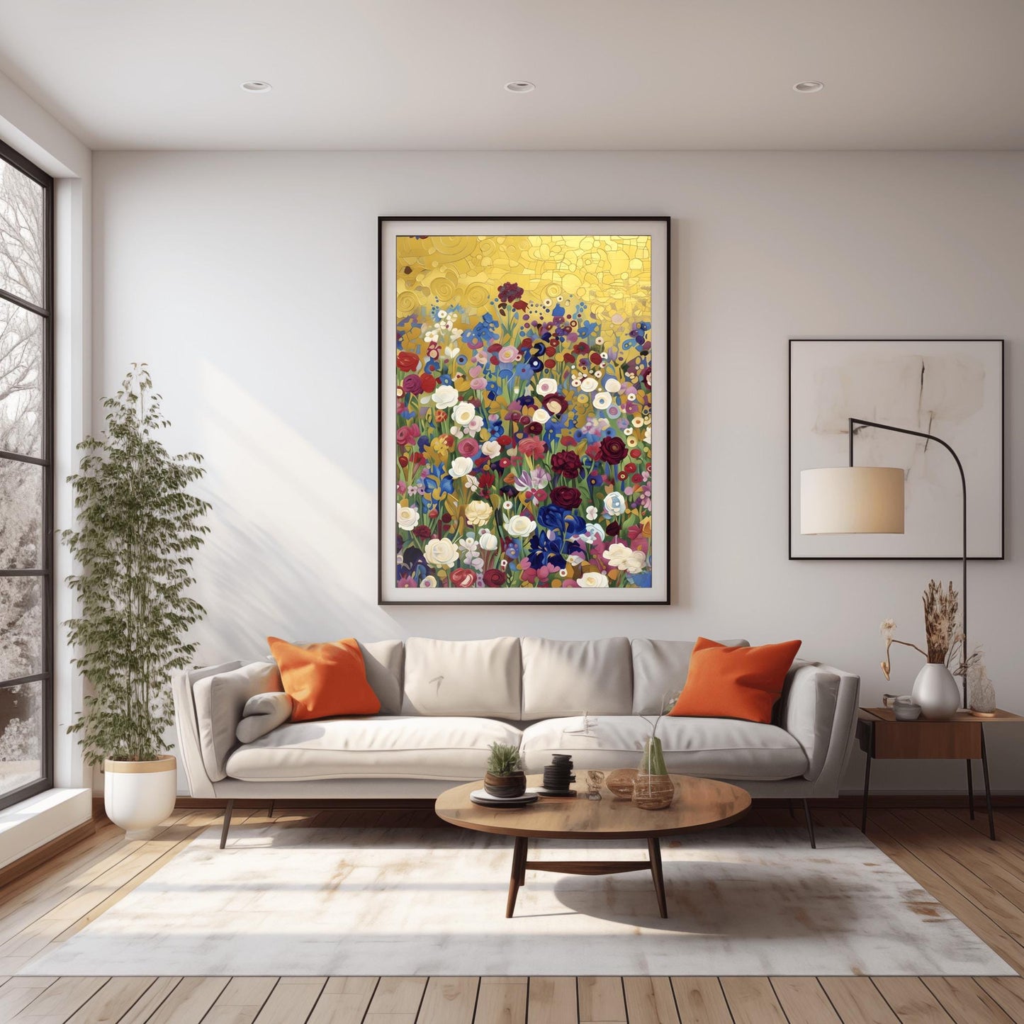 Klimt Floral Meadow Print, Abstract Flower Field Art, Vibrant Gold Aesthetic Poster, Eclectic Wall Decor